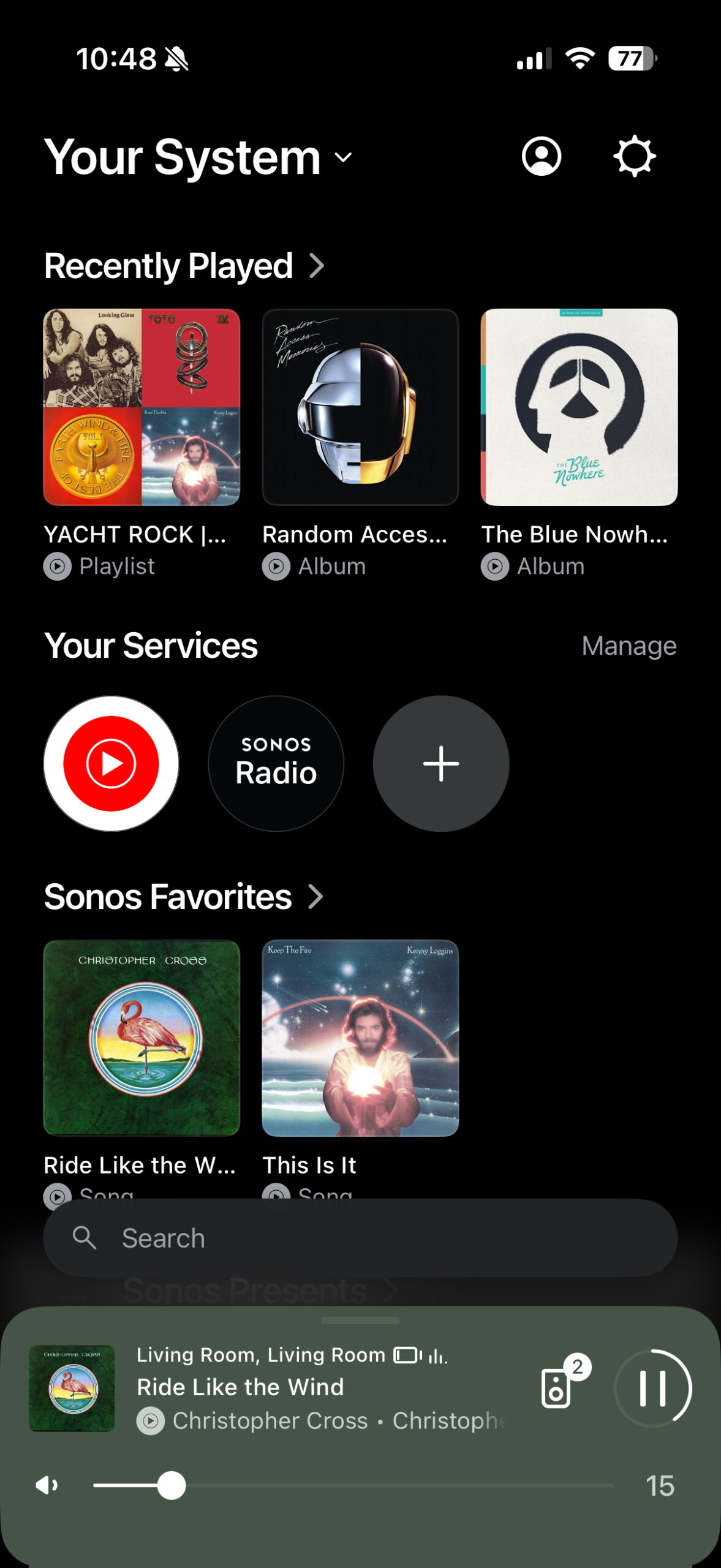 The Sonos app home screen showing recently played music, connected services, and system-wide playback controls.