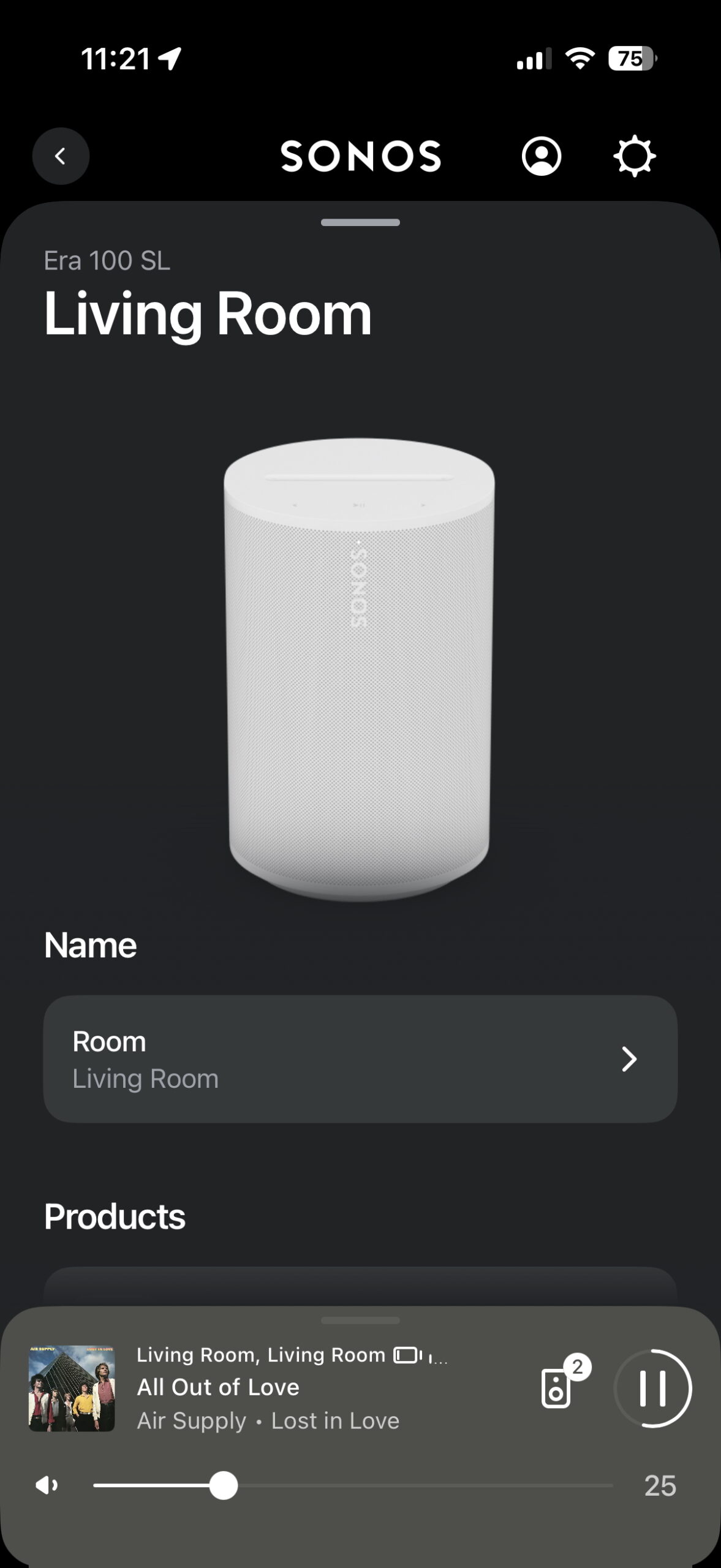The Sonos app displaying the Era 100 SL assigned to a living room with playback controls and volume slider.