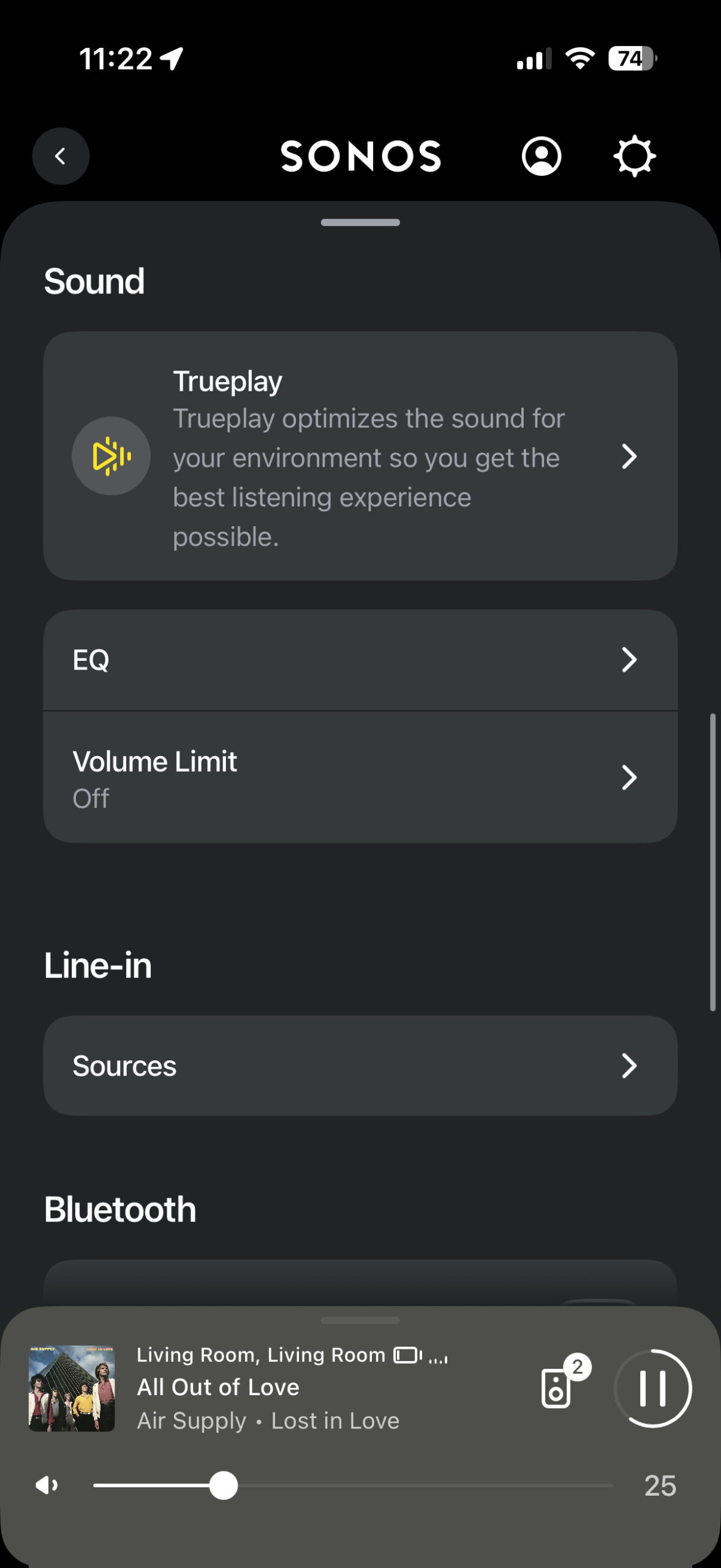 The Sonos app showing Trueplay settings, EQ controls, and currently playing music on the Era 100 SL.
