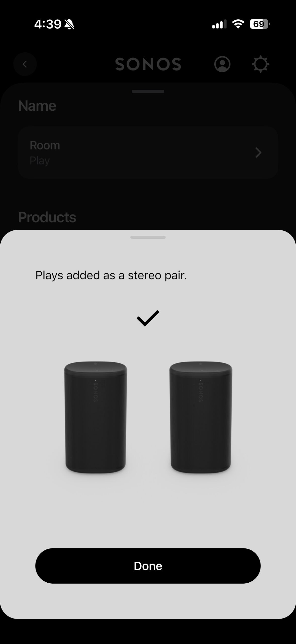 Sonos app screen confirming two Sonos Play speakers have been added as a stereo pair.