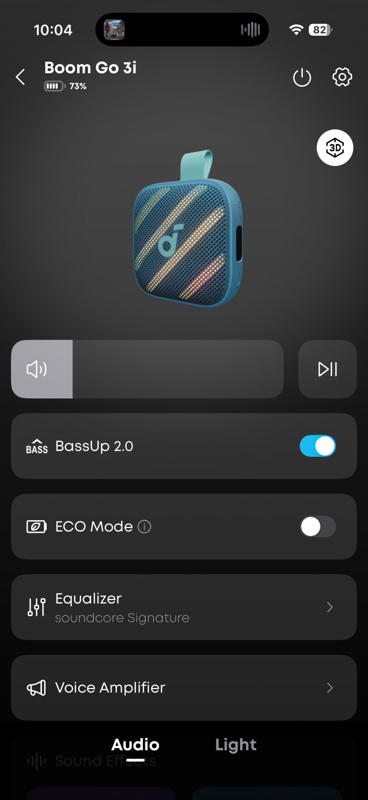 Screenshot of the Soundcore app while connected to the Soundcore Boom Go 3i