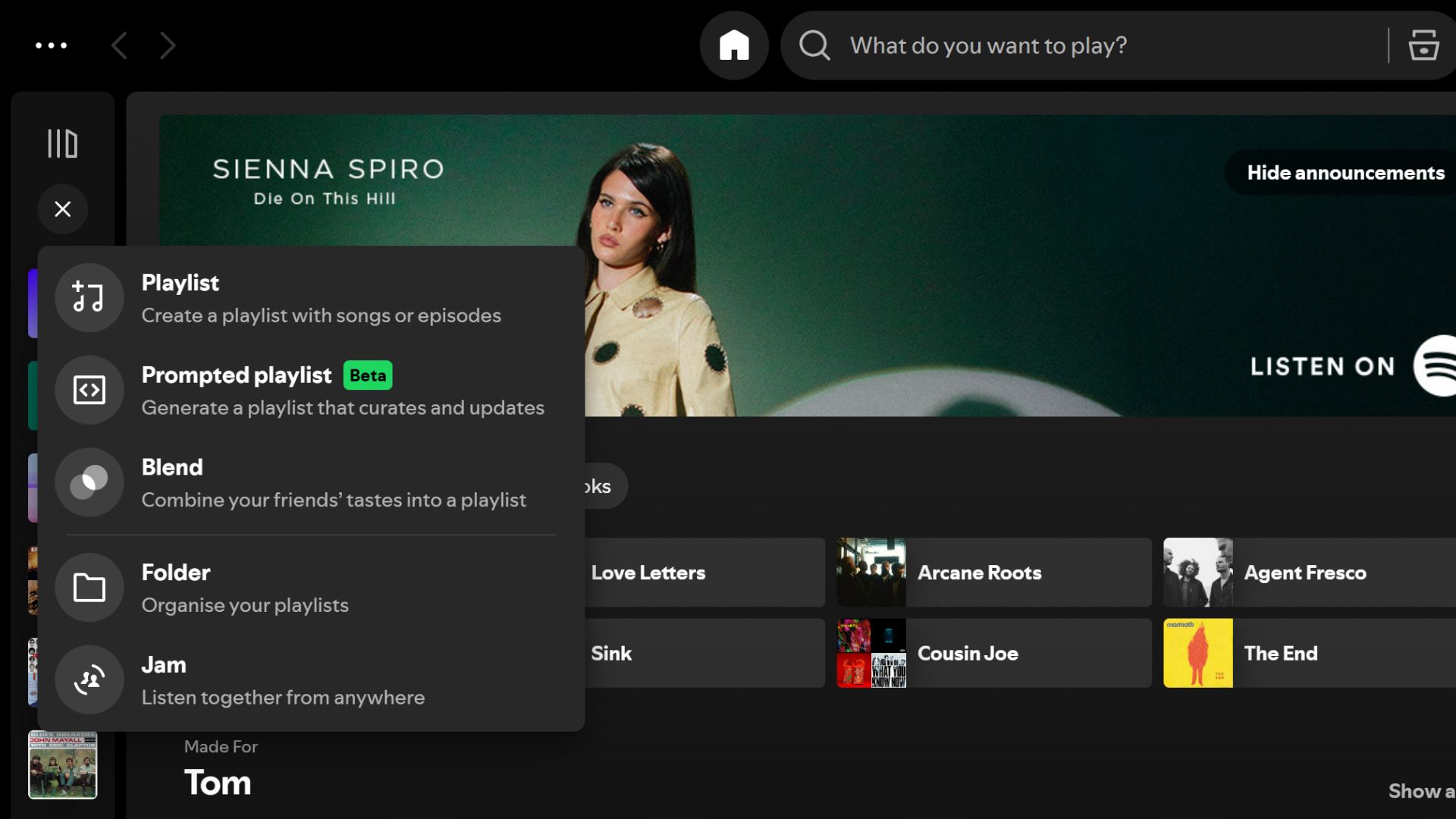 A screenshot of Spotify's Playlist folders desktop feature.