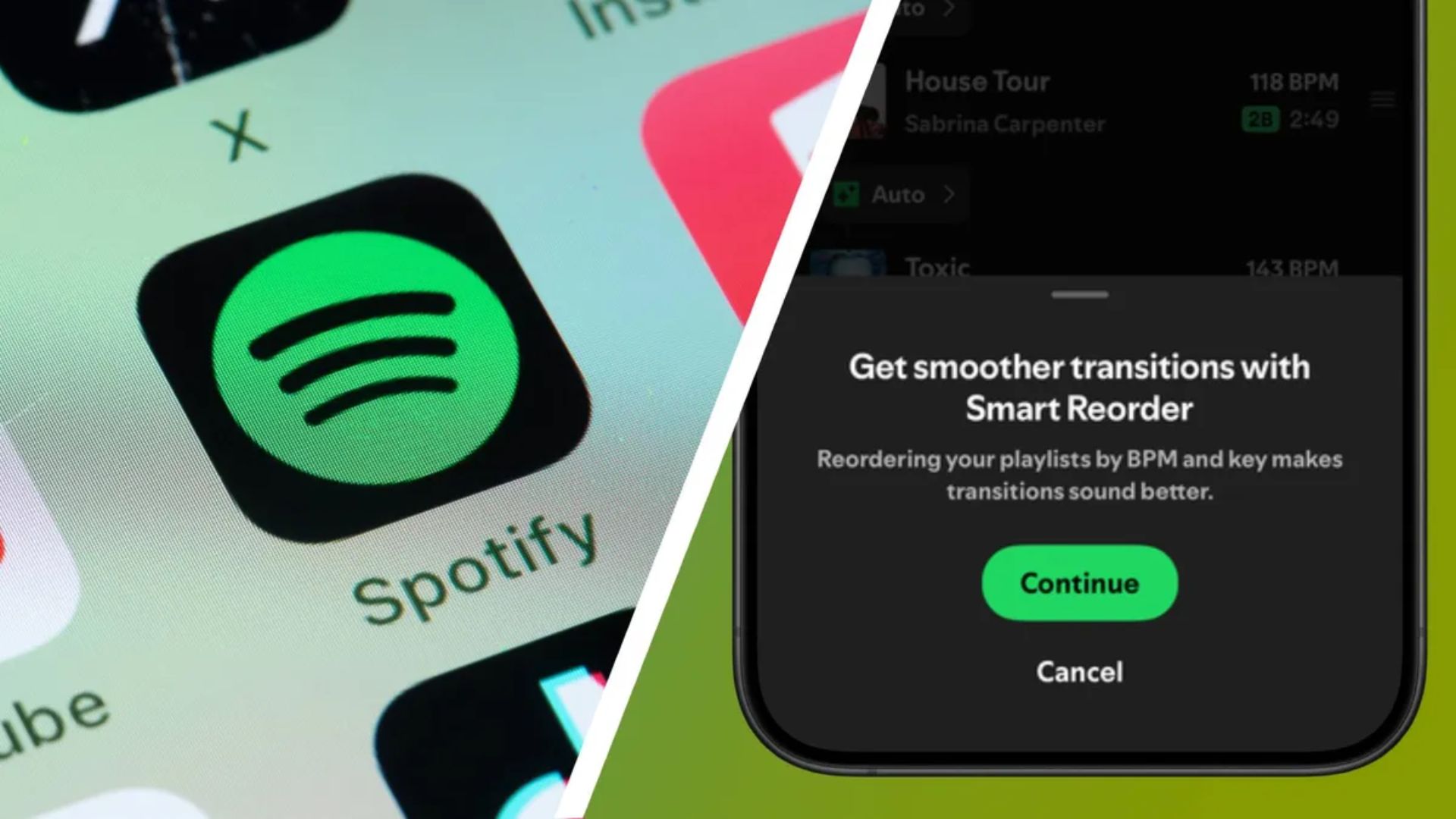 A screenshot of the Spotify logo and the Smart Reorder feature.