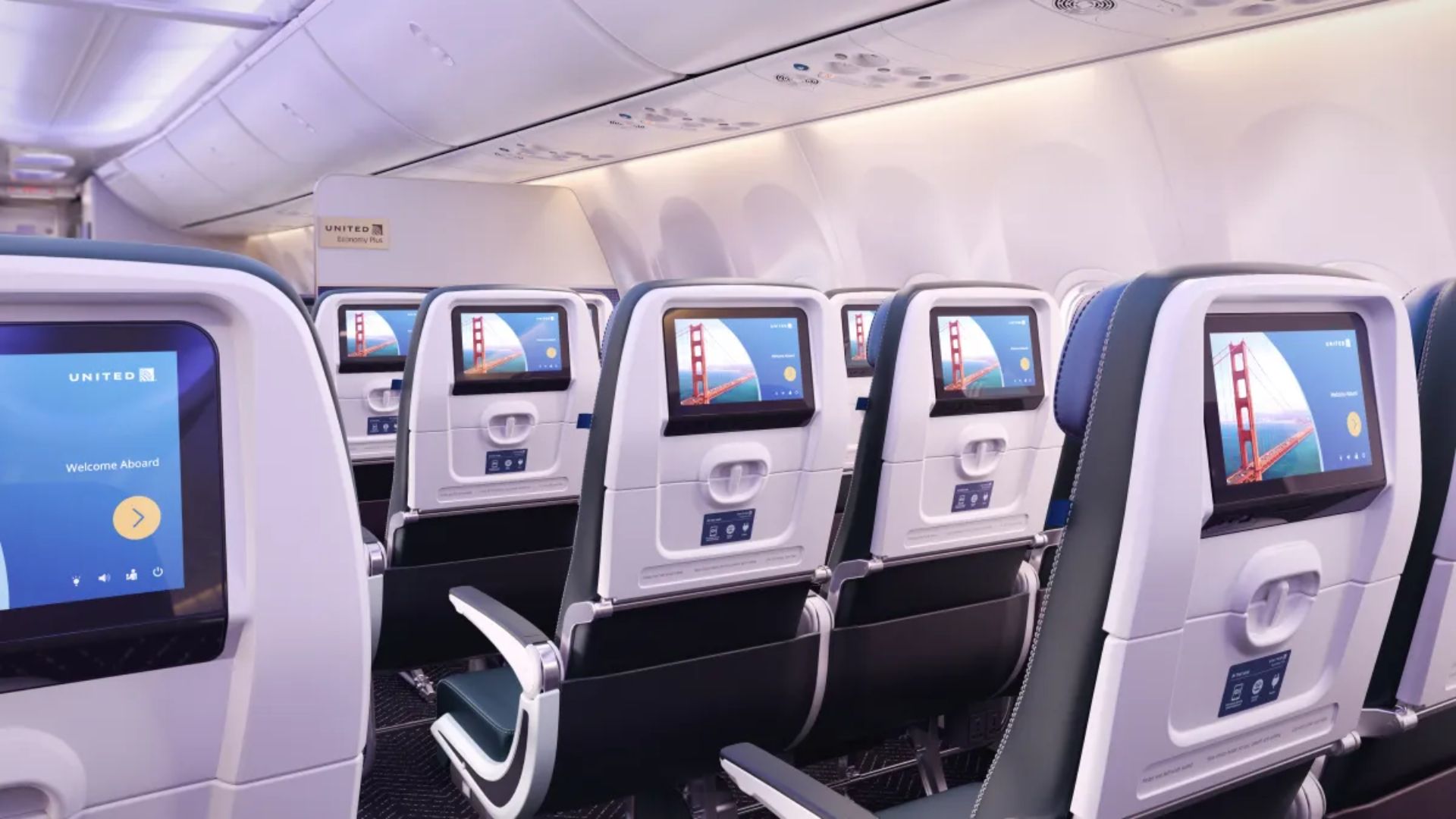 United-Airlines-new-headphones-rule A photograph of United Airlines' in-flight entertainment systems.