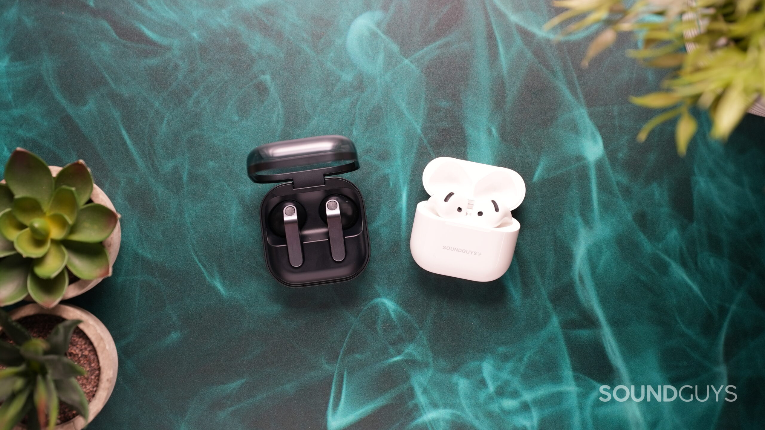 galaxy buds 4 with airpods 4 samsung galaxy buds 4 beside the apple airpods 4 with ANC