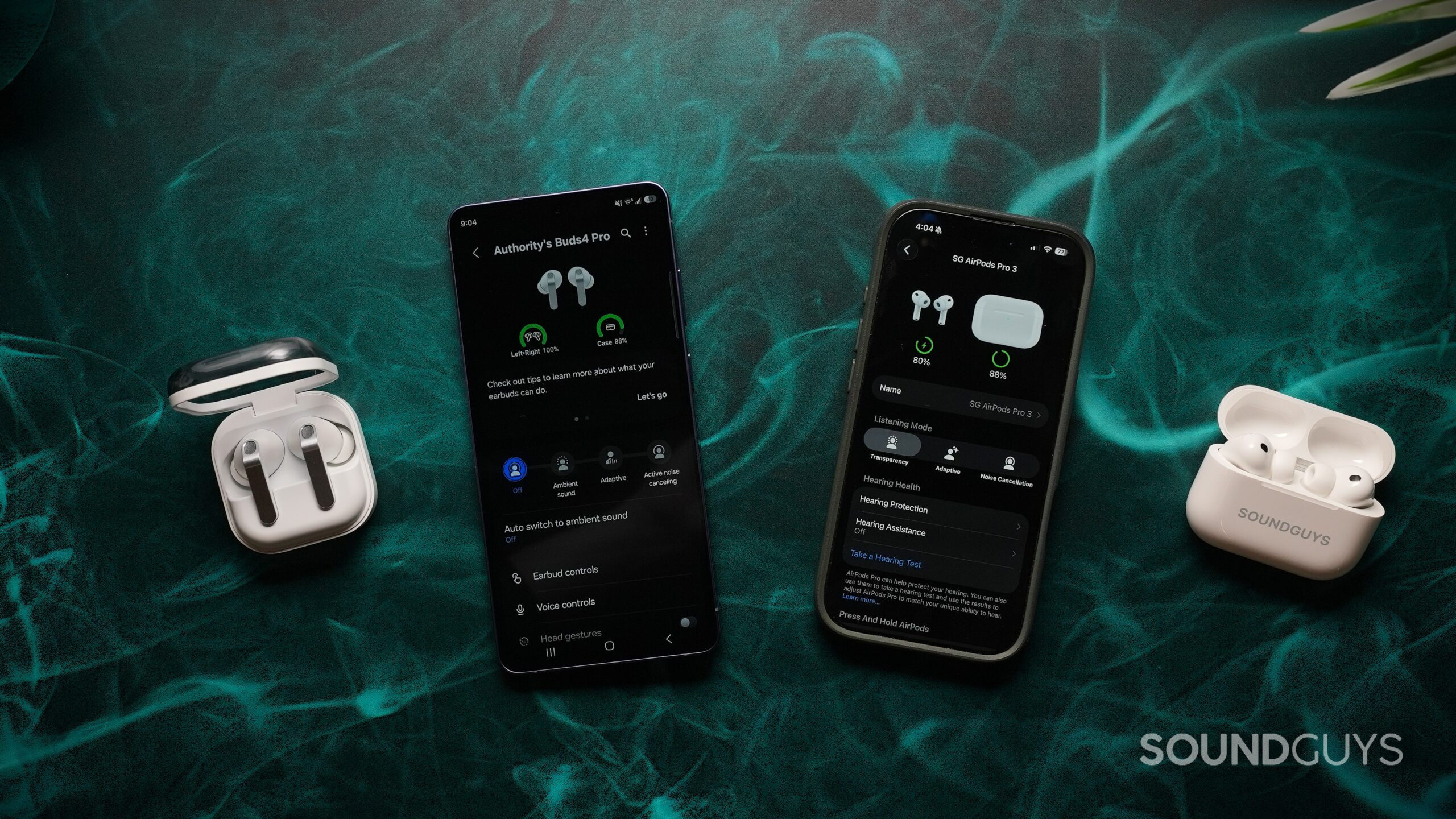 samsung galaxy buds 4 pro beside a galaxy S26 ultra, with a iphone and airpods pro 3 beside it. Earbuds settings menu display on each phone screen.