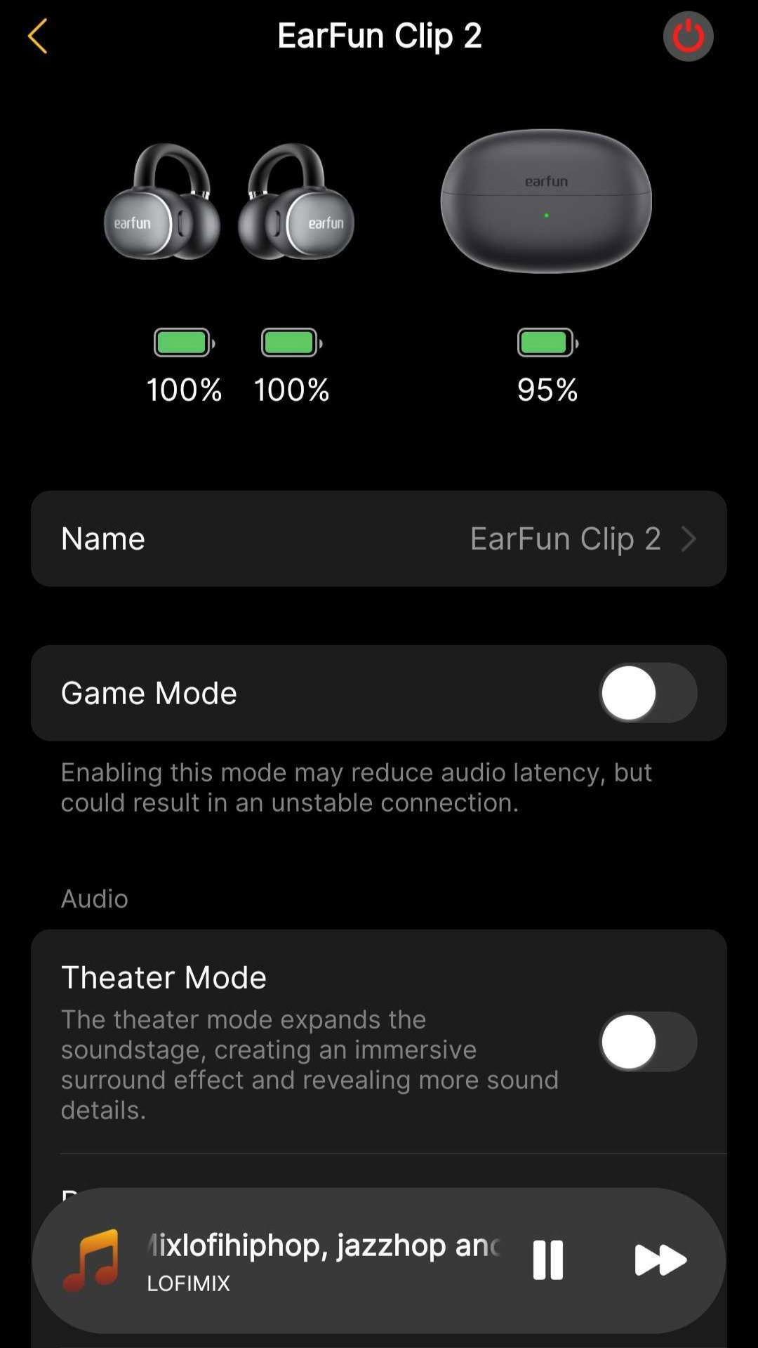 The EarFun Clip 2's hearing health settings feature a maximum volume limit set to 80% and a left-right sound balance control.