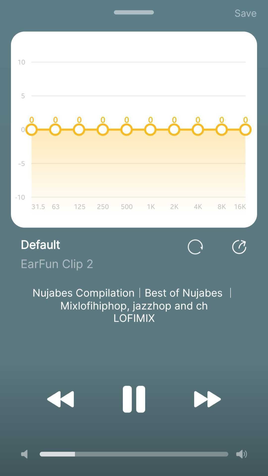 EarFun Clip 2 app equalizer screen with automatic EQ presets and adjustable frequency bands from 31.5 Hz to 16 kHz.