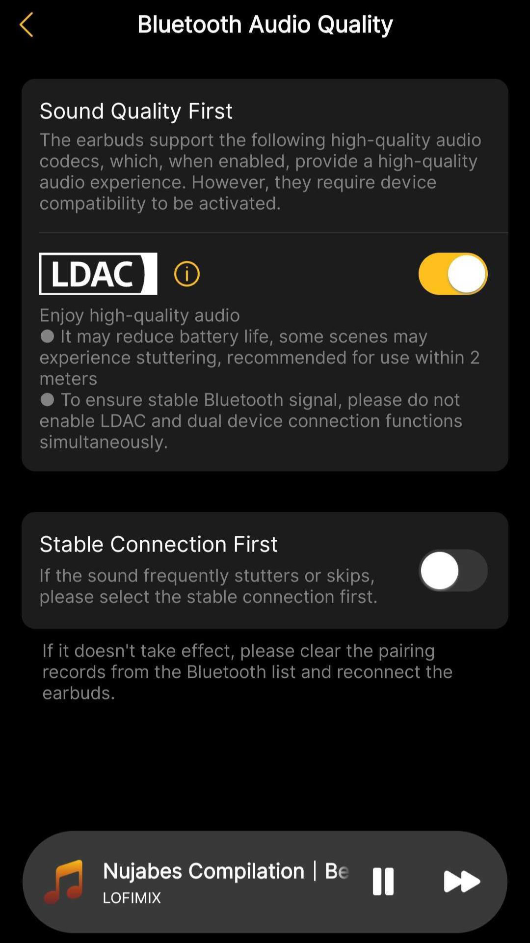 The EarFun Clip 2 app settings Bluetooth audio quality with LDAC enabled and the option to toggle a stable connection.
