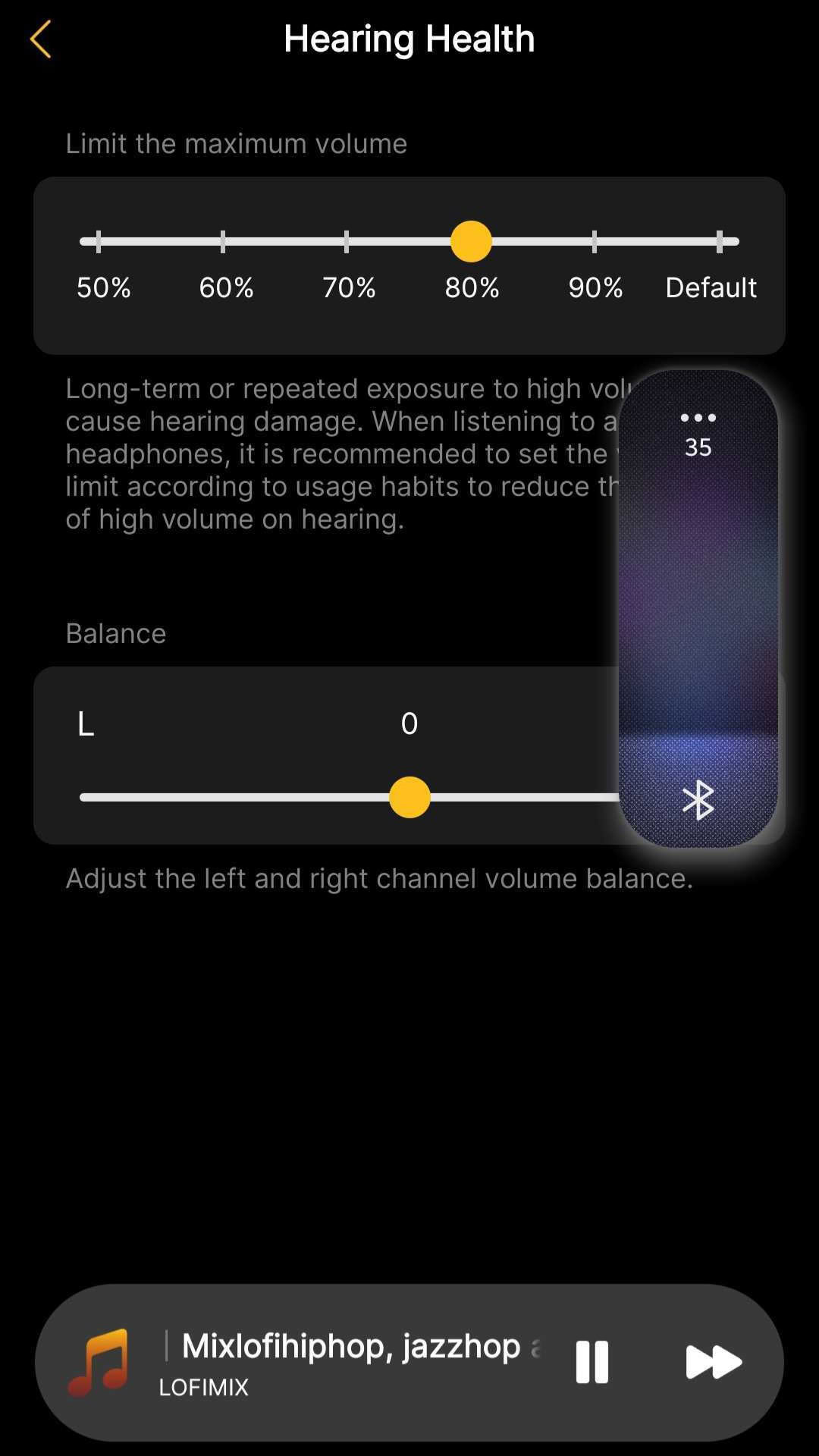 The EarFun Clip 2's hearing health settings feature a maximum volume limit set to 80% and a left-right sound balance control.