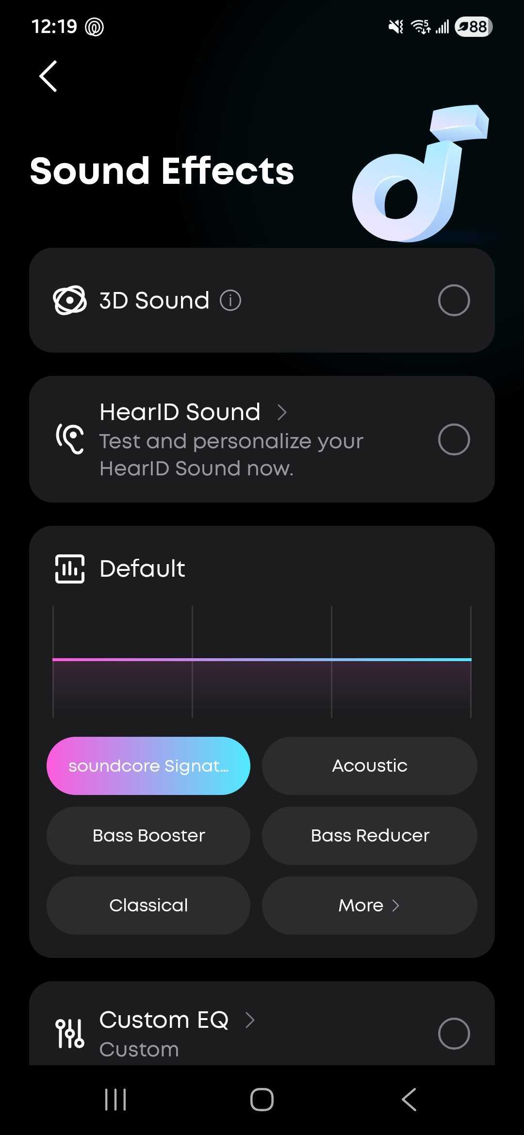 Soundcore app sound effects screen with EQ presets including Soundcore Signature, Acoustic, Bass Booster, Bass Reducer, and Custom EQ options.