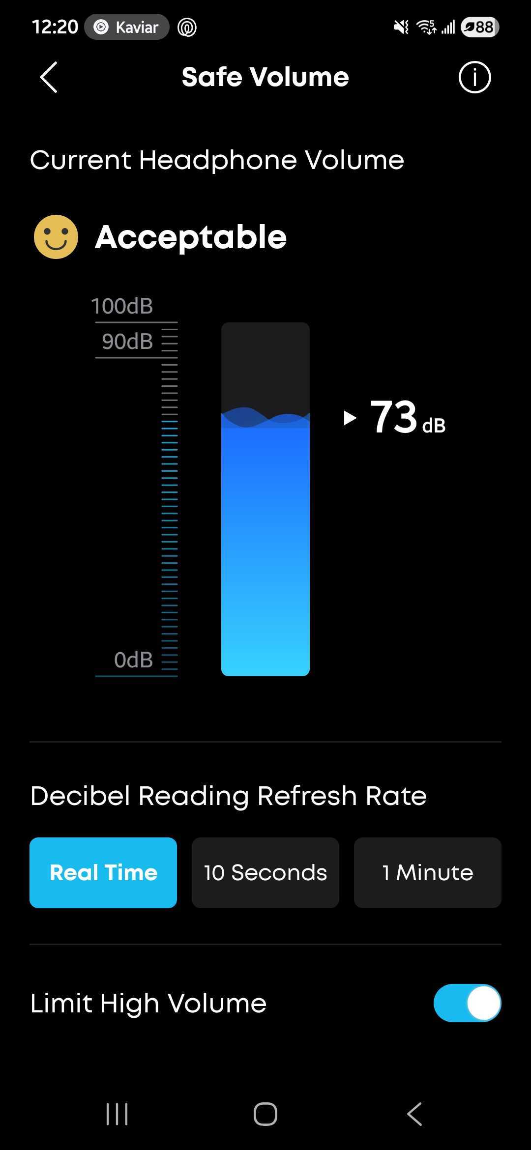 Safe volume screen showing current headphone output at 73 dB labeled “Acceptable,” with options for real-time decibel monitoring and volume limiting.