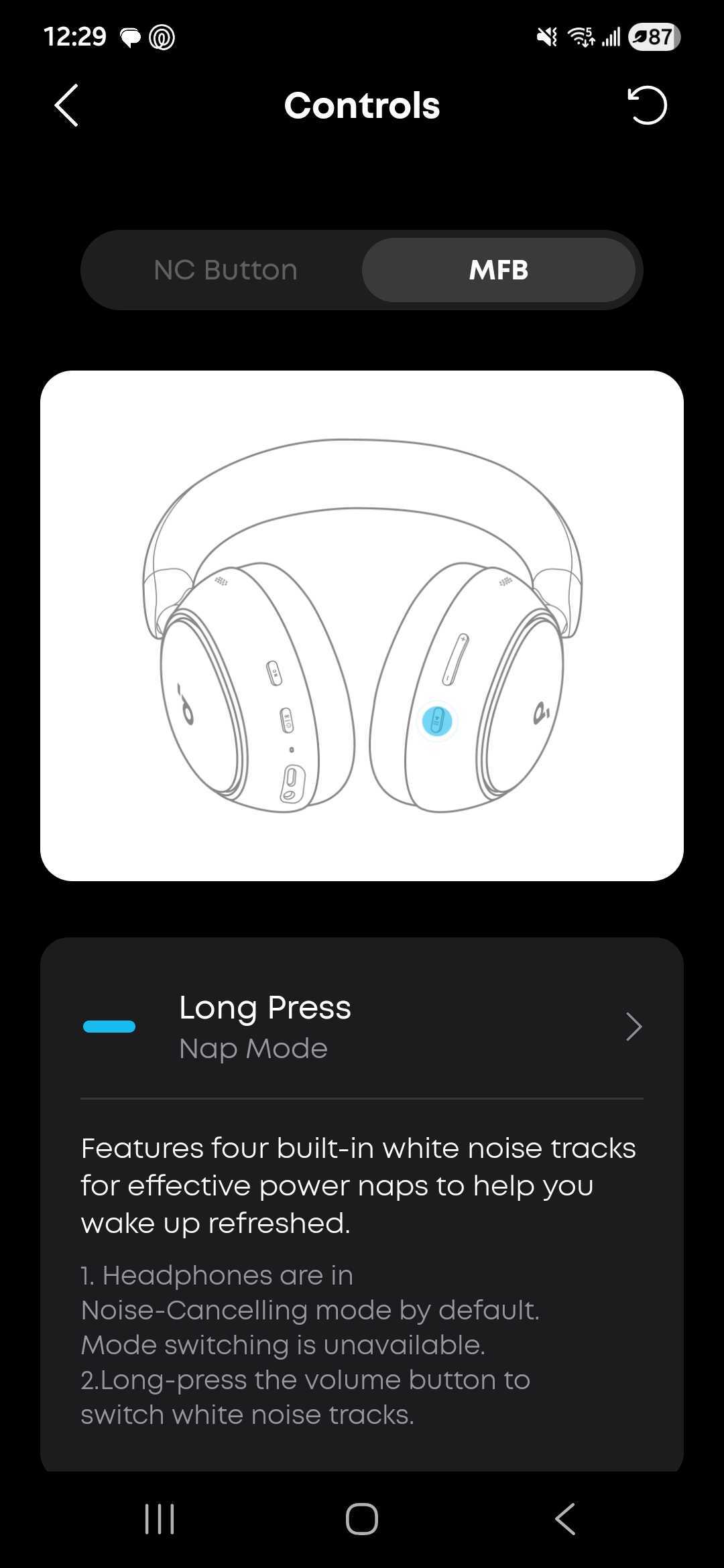 Soundcore app controls screen showing customizable multi-function button (MFB) with “Nap Mode” selected, featuring built-in white noise playback and instructions for switching tracks via long press.