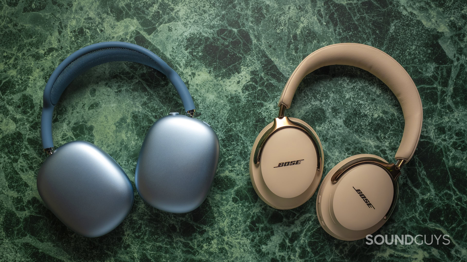 Apple AirPods Max 2 vs Bose QuietComfort Ultra Headphones (2nd Gen)-7 Top-down view of AirPods Max 2 (blue) and Bose QuietComfort Ultra (beige) with outer earcups visible, highlighting aluminum vs glossy plastic finishes.