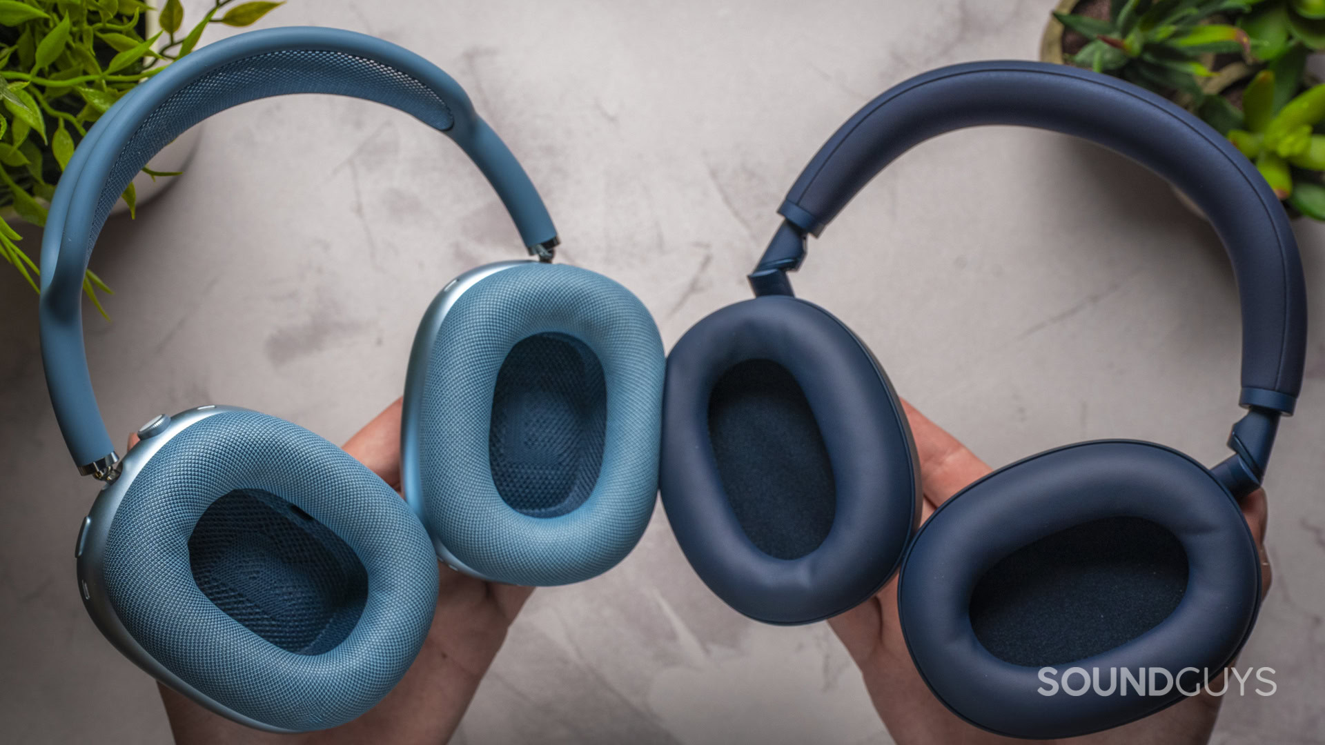 Apple AirPods Max 2 vs Sony WH-1000XM6-12 Close-up of AirPods Max 2 and Sony WH-1000XM6 earcup materials and texture differences.