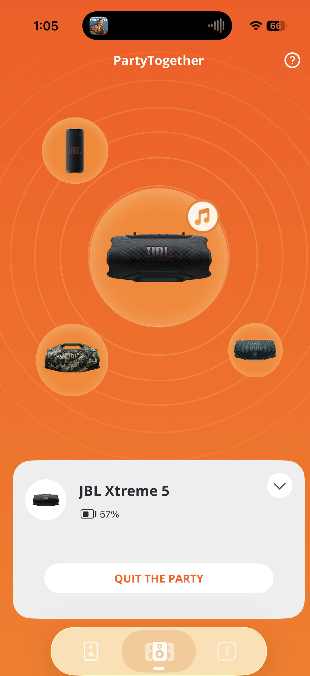A screenshot of the JBL Portable app while connected to the JBL Xtreme 5.