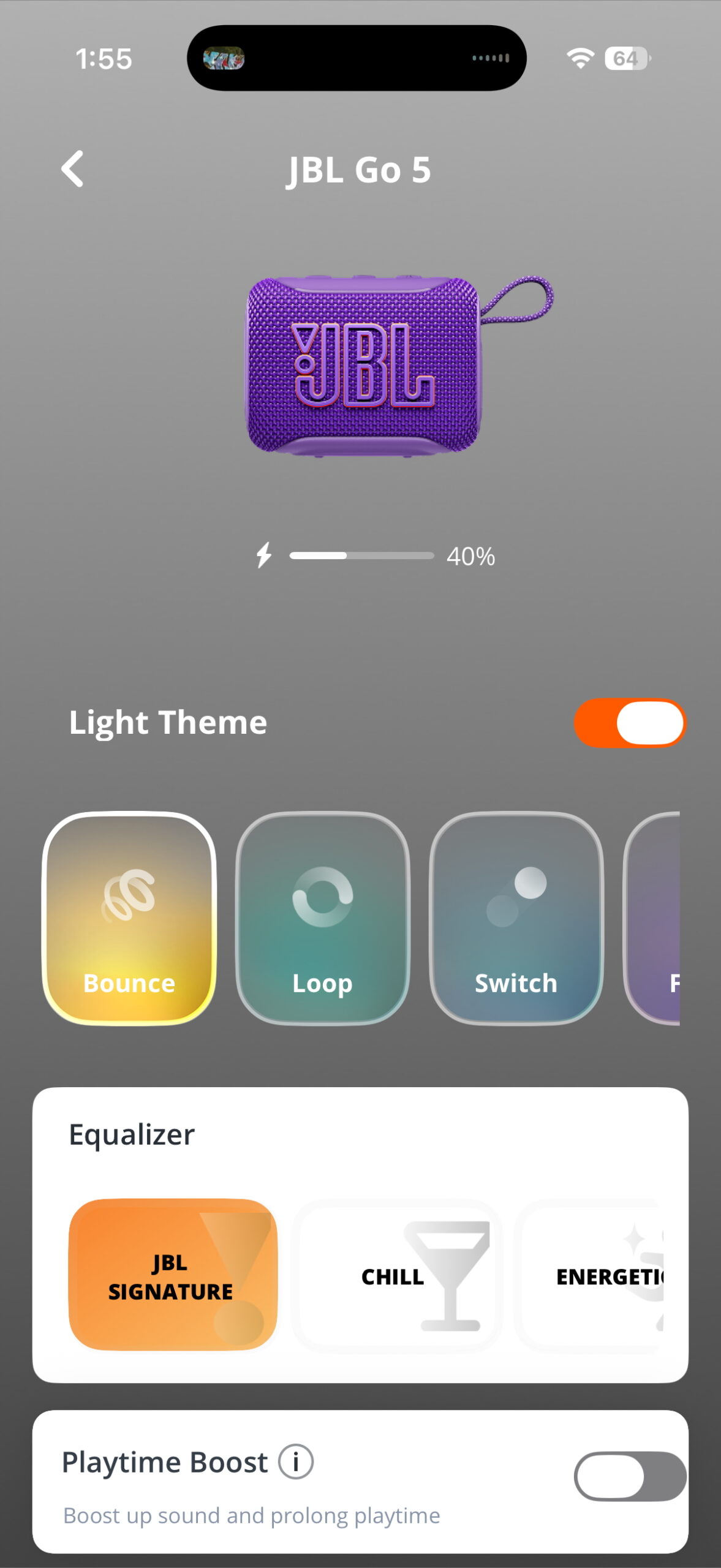A portable JBL app that displays the JBL Go 5 with battery level and sound mode presets including Bounce, Loop, and Switch