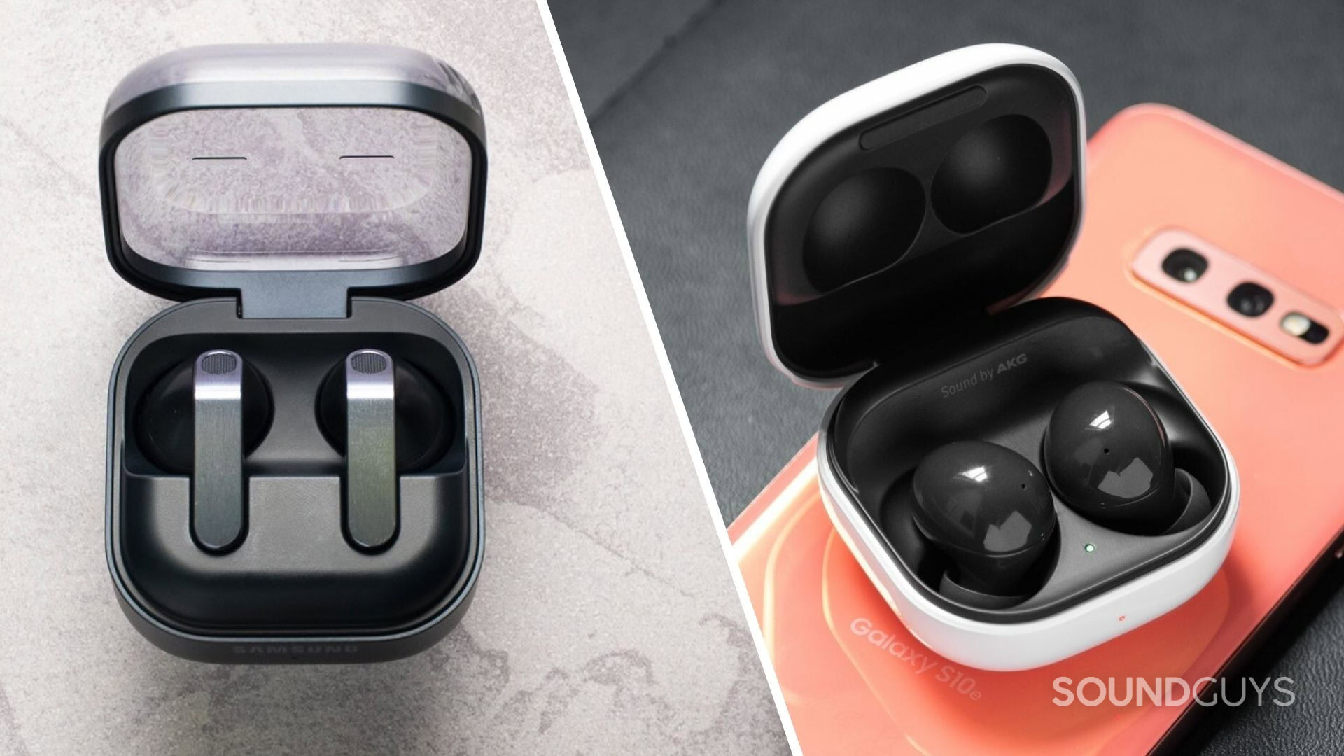 A photograph of the Samsung Galaxy Buds4 beside the Galaxy Buds2.