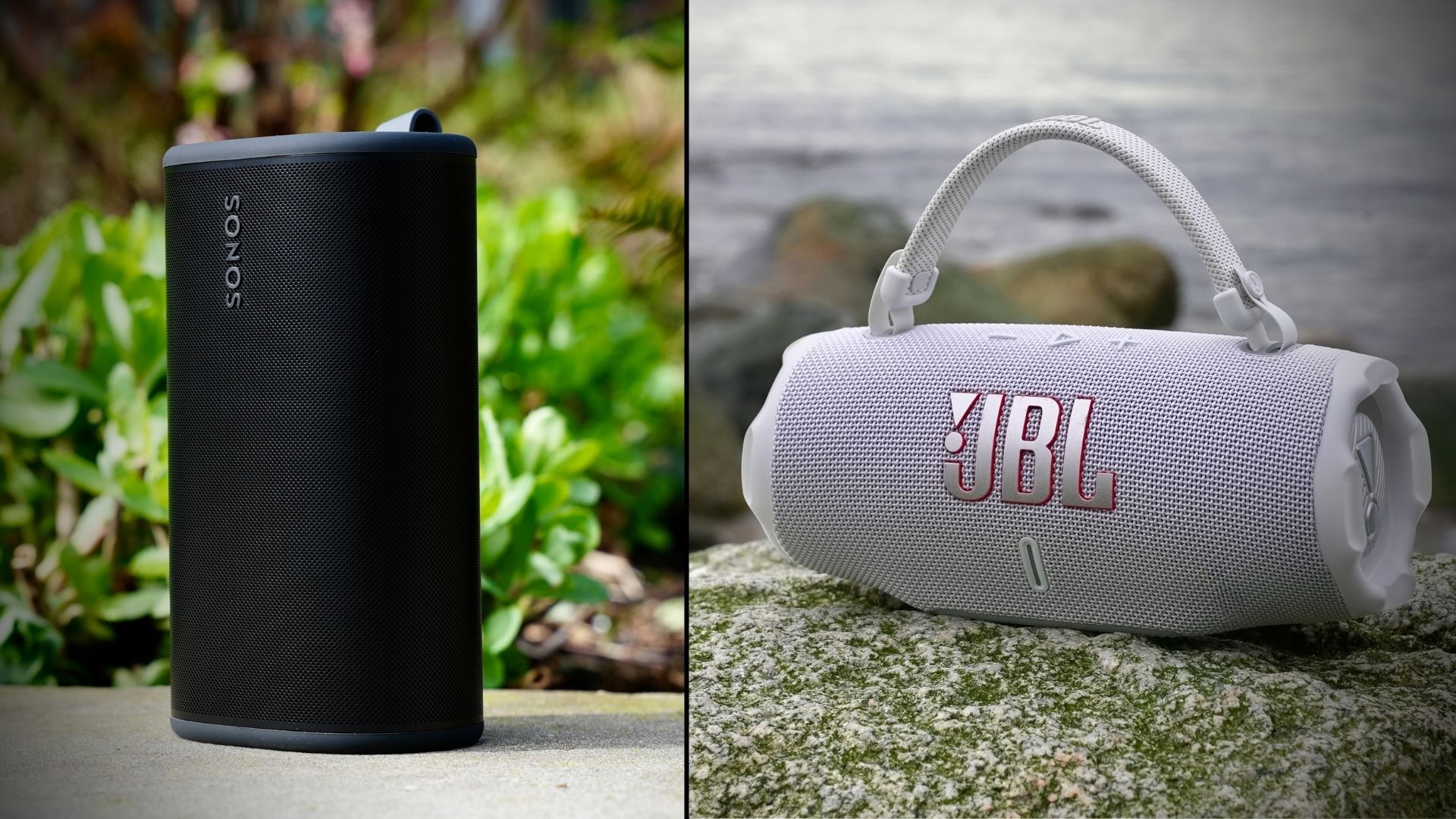 Untitled design - 1 Cropped photo of a Sonos Play and a JBL Charge 6 in an outdoor setting