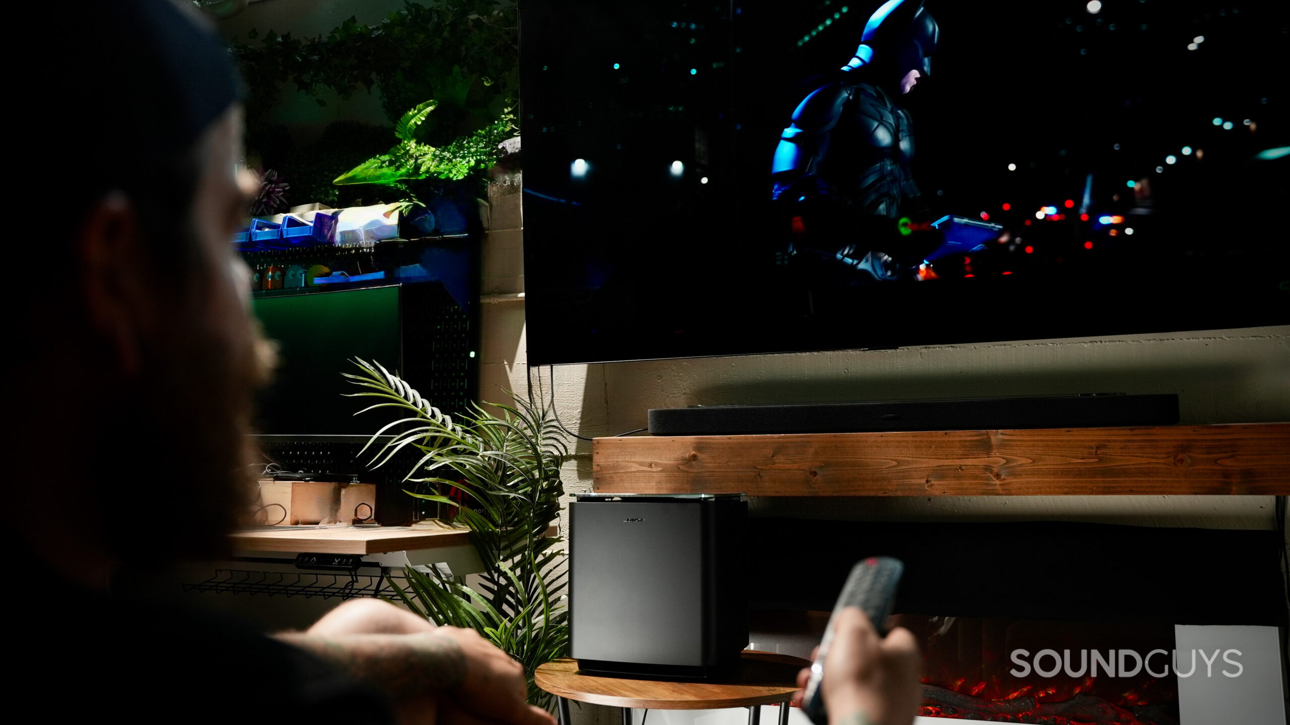 Bose Lifestyle Soundbar - 2 Bose Lifestyle Ultra Soundbar and Subwoofer during movie playback in a home theater setup