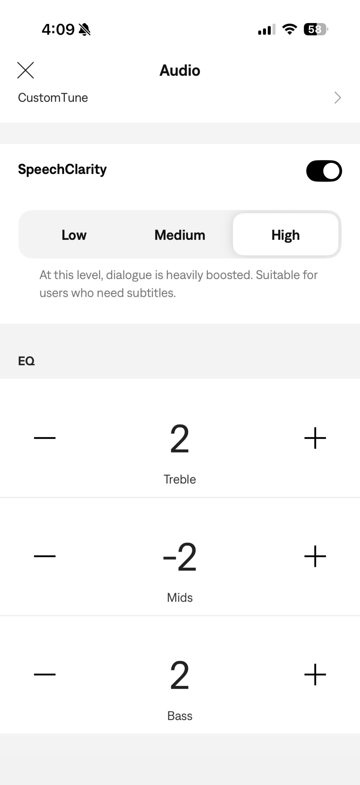Screenshot of the Bose app showing EQ adjustments.
