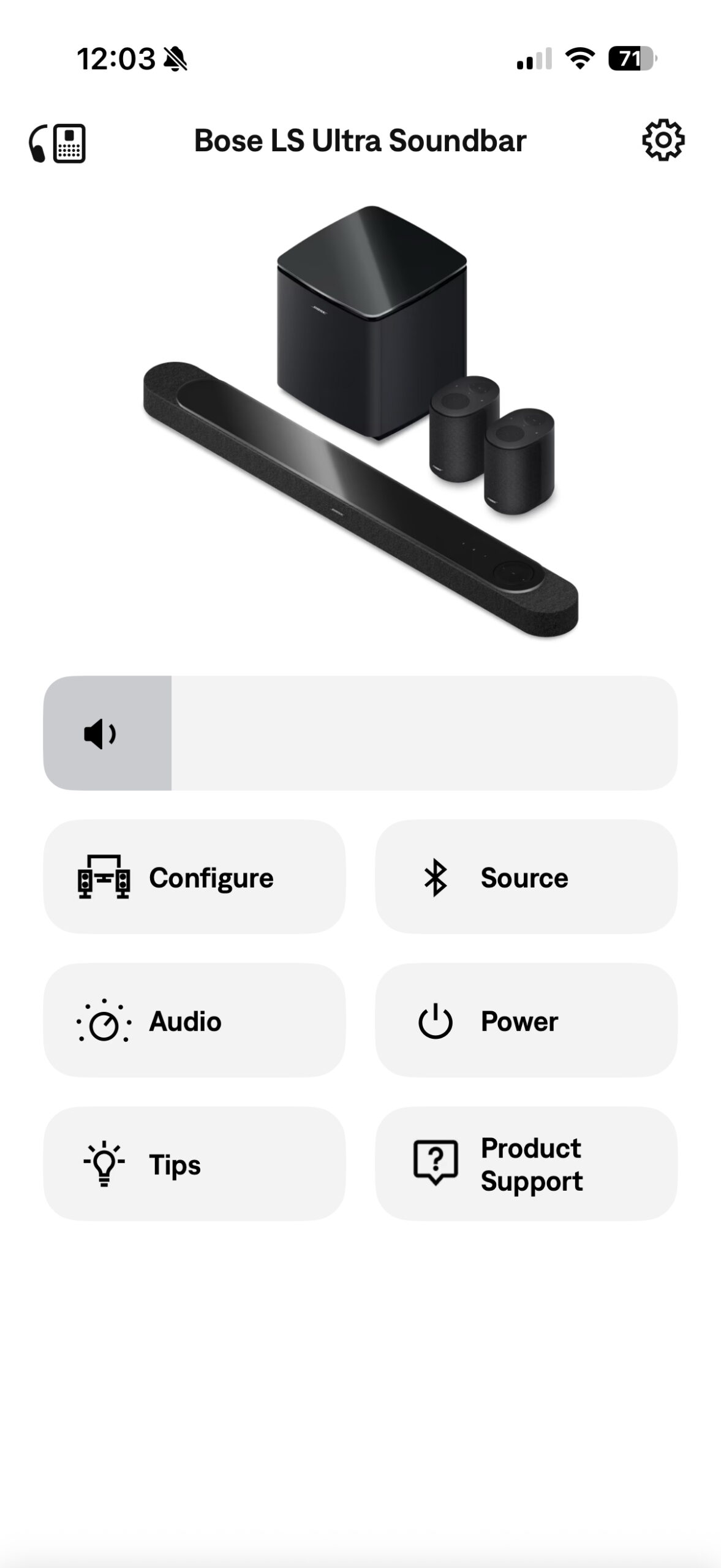 Screenshot of the Bose app while connected to a full Lifestyle speaker system.