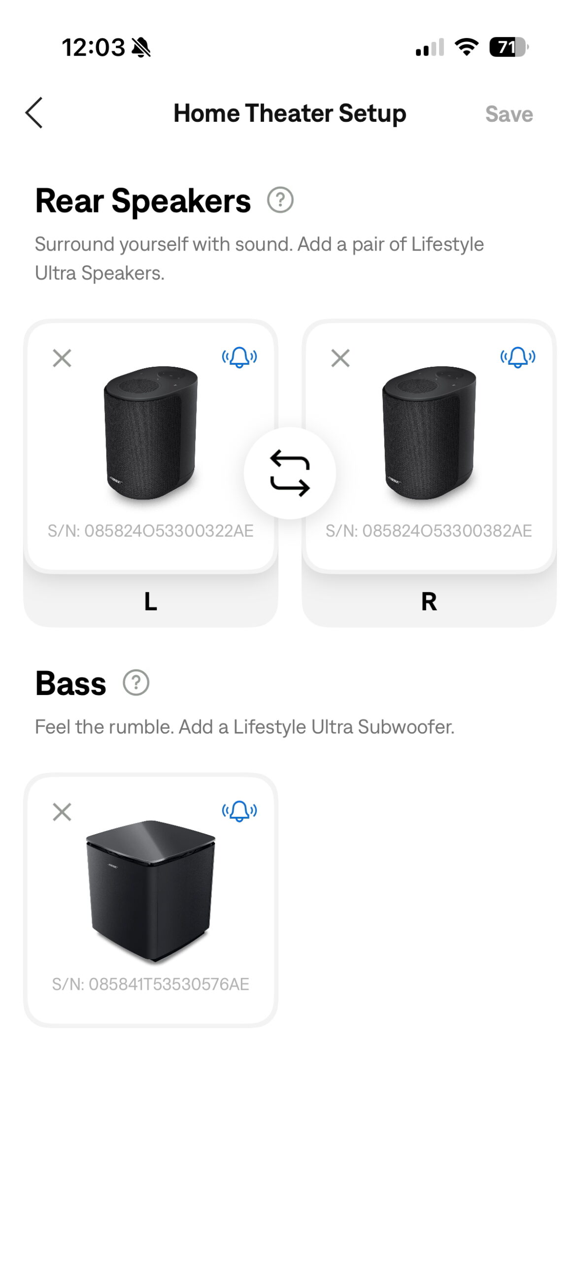 Screenshot of the Bose app showing the sub and speakers synced as rears