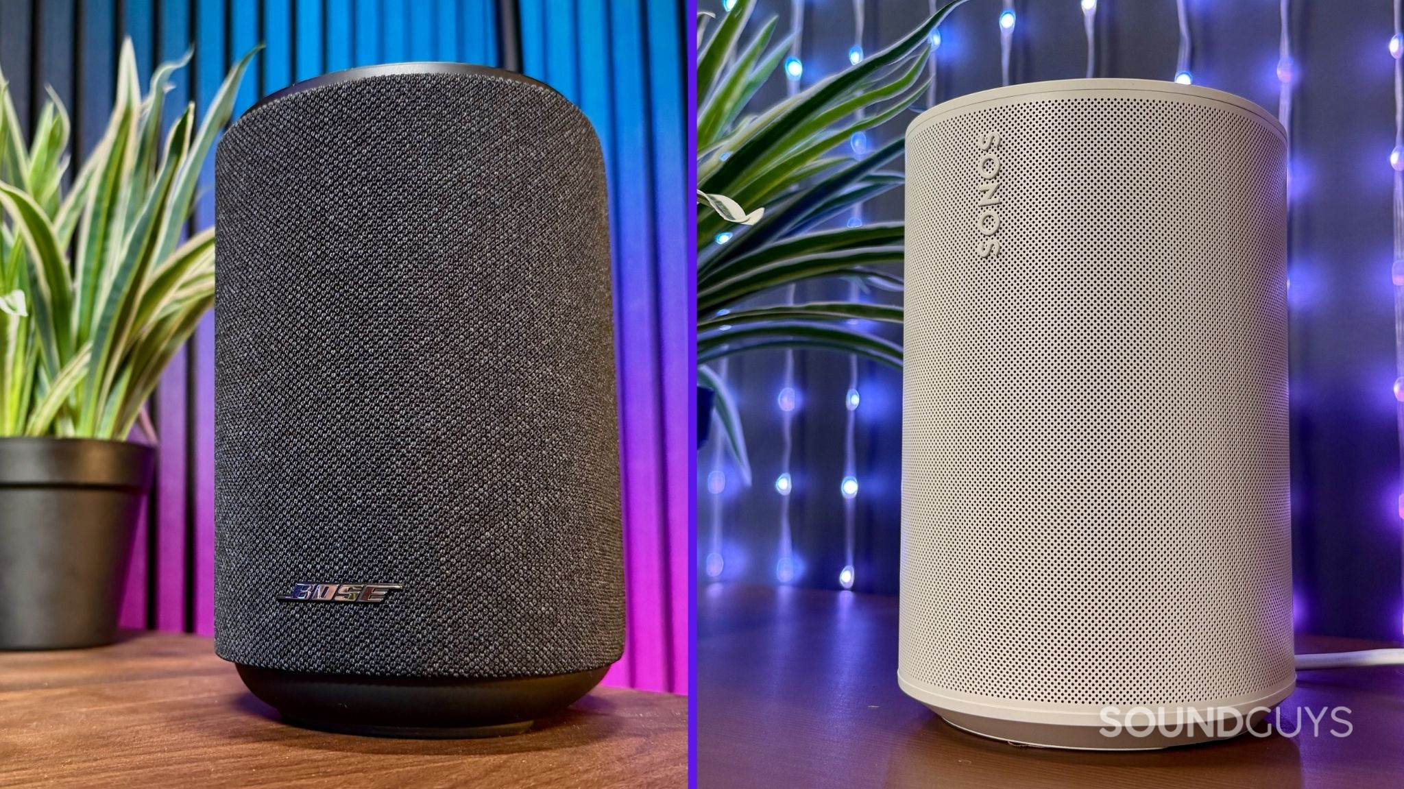 Side by side image of the Bose Lifestyle Ultra speaker and a Sonos Era 100 SL.