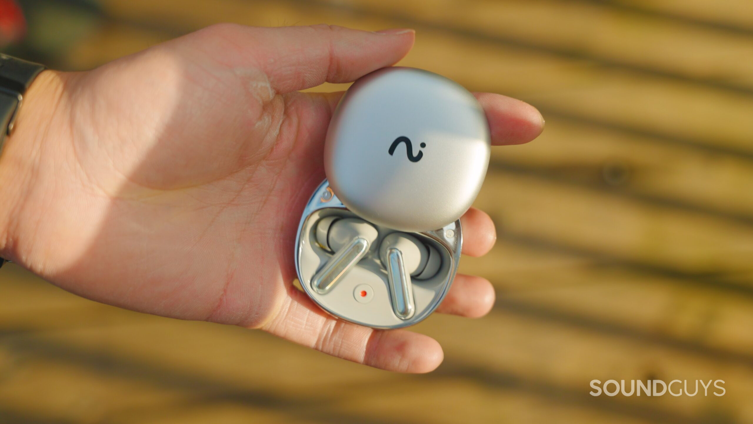Hand holding Viaim RecDot earbuds, open.