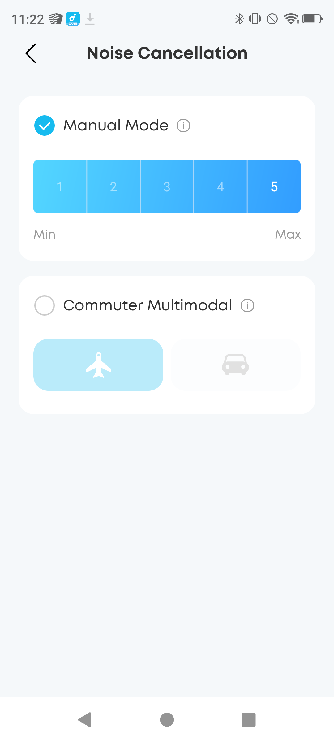 Screenshot of the Soundcore app noise cancellation settings page showing Manual Mode set to maximum level 5 and a commuter multimodal airplane option below.