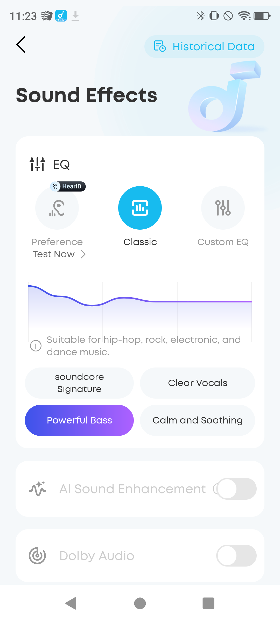 Screenshot of the Soundcore app sound effects menu showing EQ presets including Soundcore Signature, Clear Vocals, Powerful Bass, and Calm and Soothing.