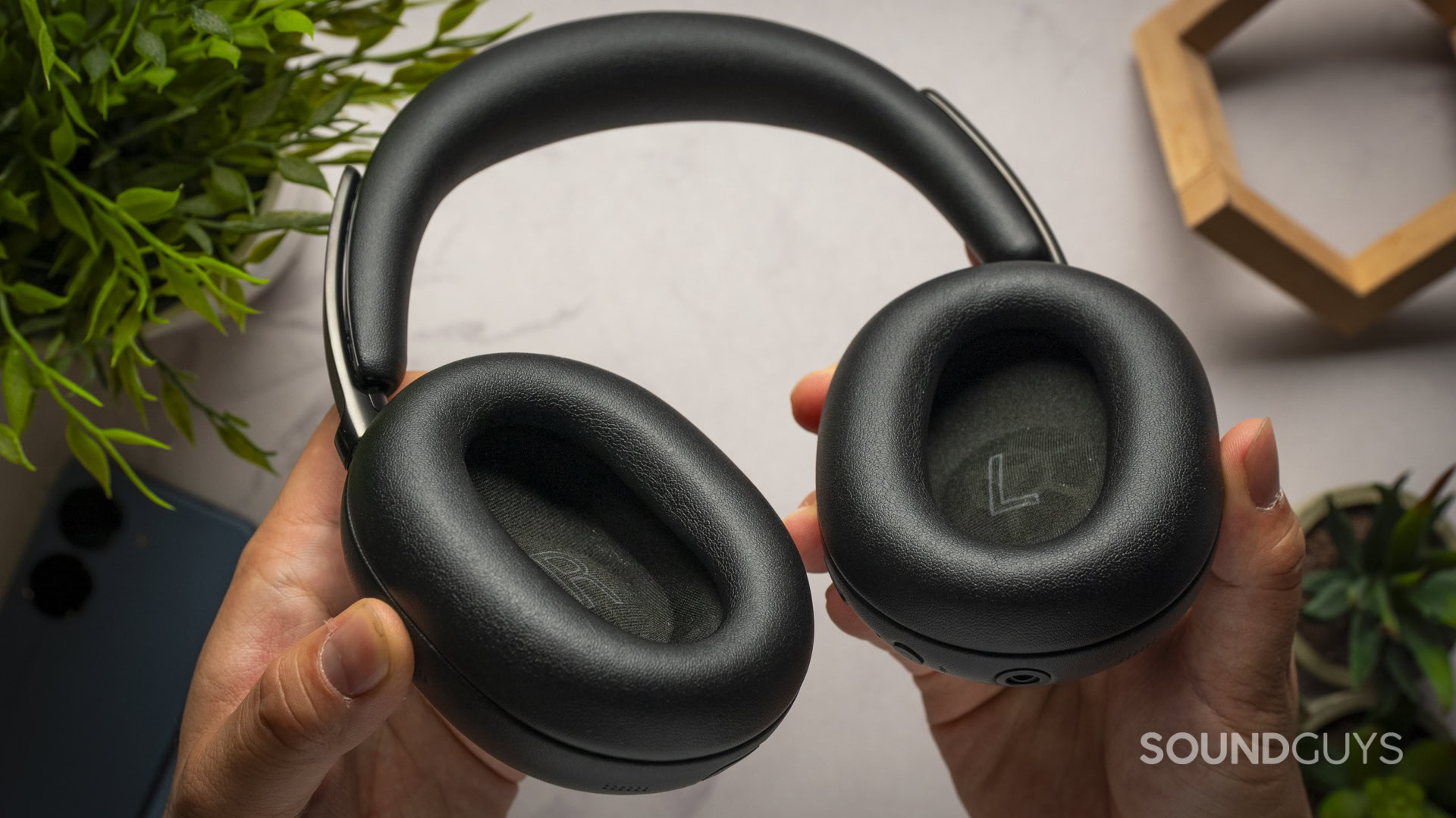 hold the Sony WH-1000X up to show the inside of the earcups