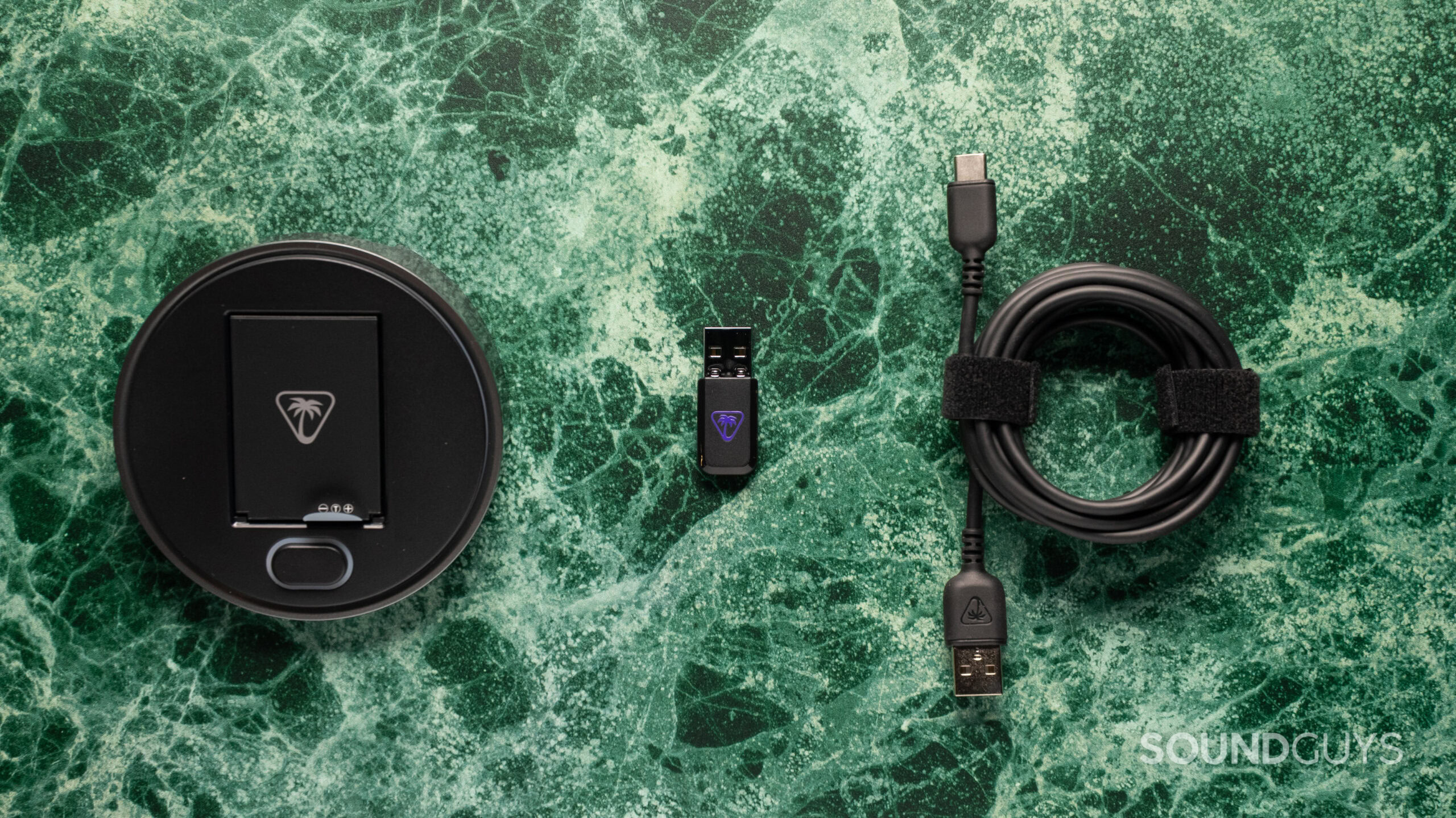 Turtle Beach Stealth Pro II transmitter USB, the large puck style charging dock, and USB cable.
