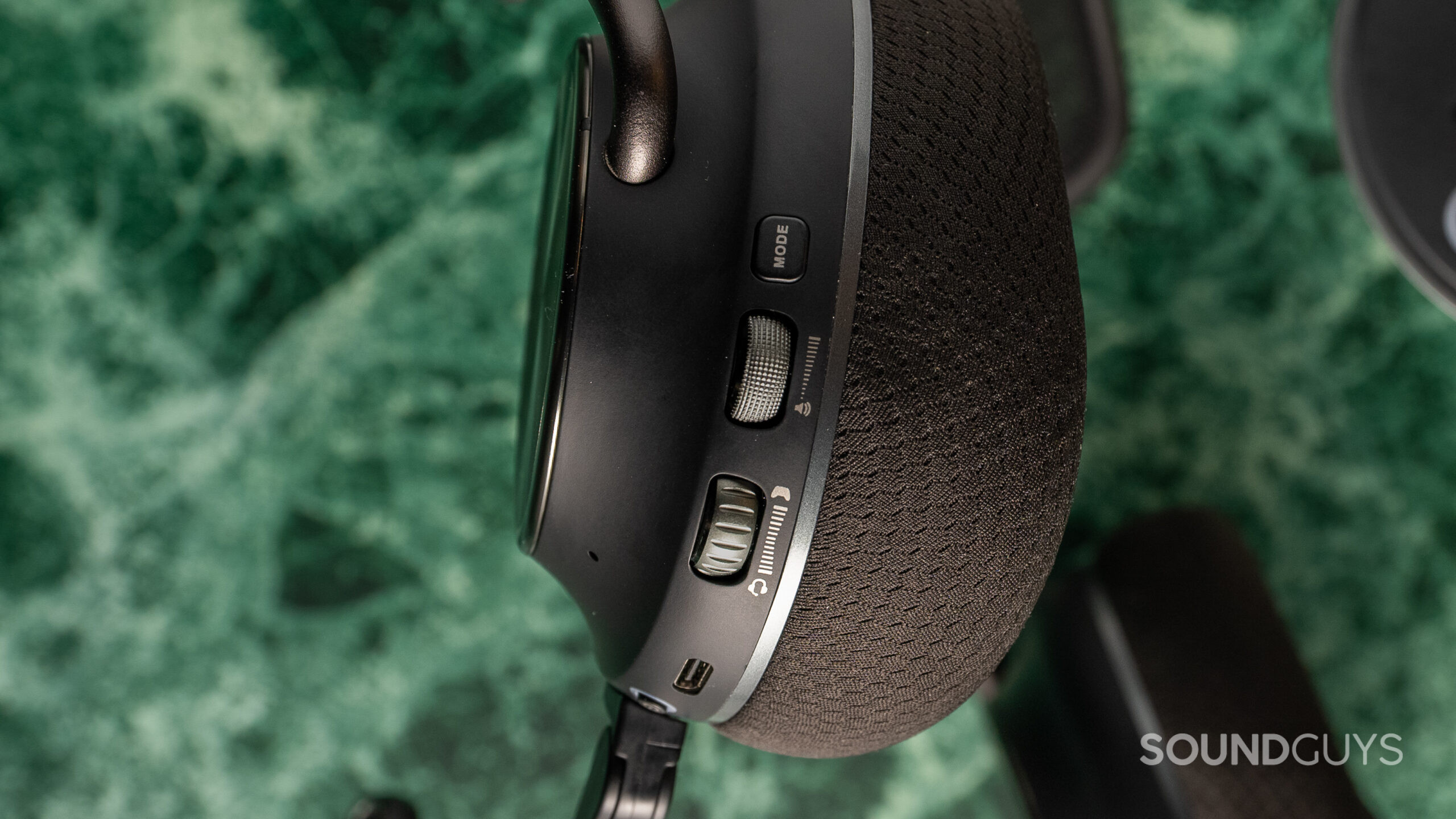 Close-up of the controls of the Turtle Beach Stealth Pro II. left hand side with 2 scroll wheels and 2 buttons.
