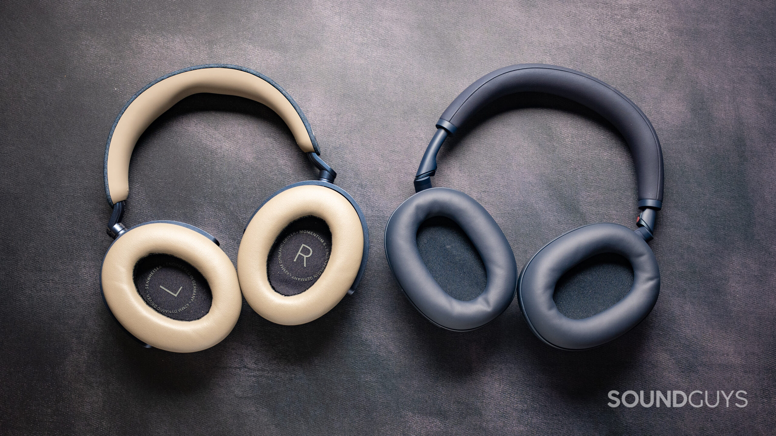 Top down photo of the Sennheiser MOMENTUM 5 wireless next to the Sony WH-1000XM6, showing their inner earcups.