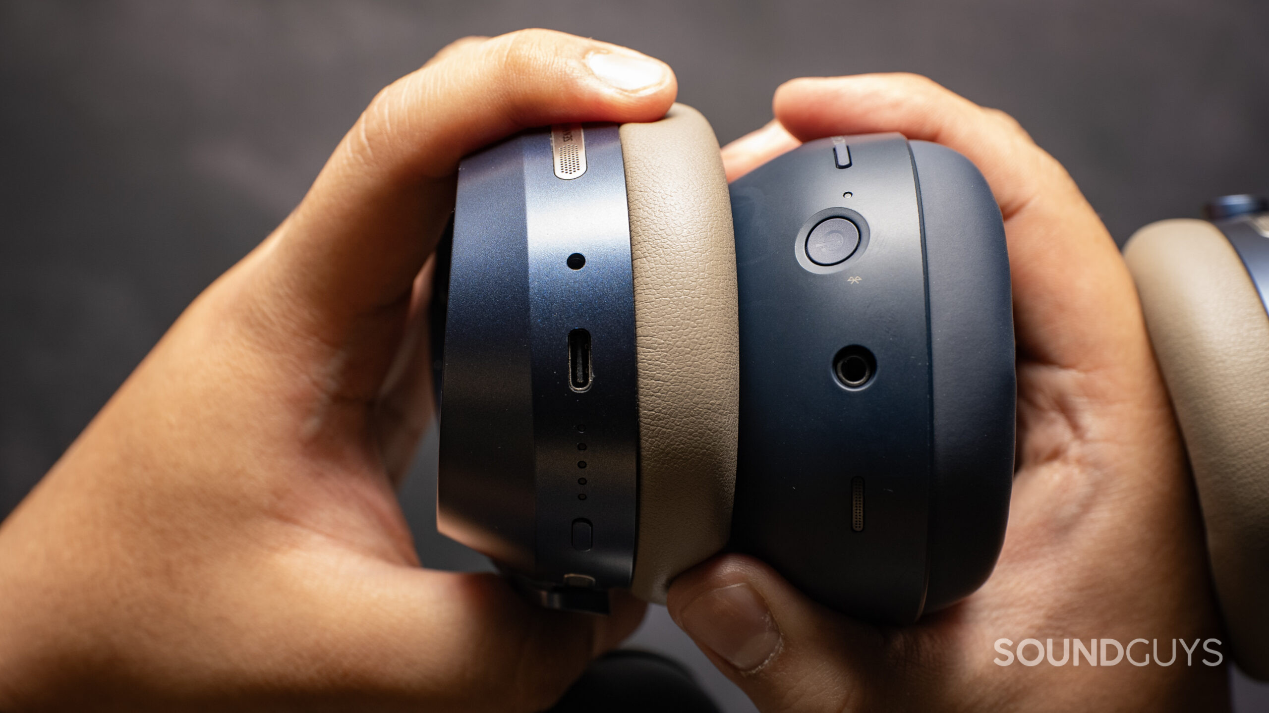Top down photo of the Sennheiser MOMENTUM 5 wireless next to the Sony WH-1000XM6, showing their earcups. 