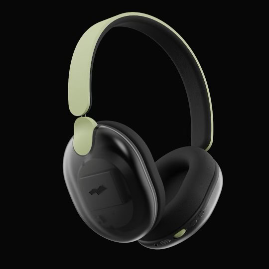 Black over-ear headphones with olive green headband accents displayed on a black background in a clean product render.