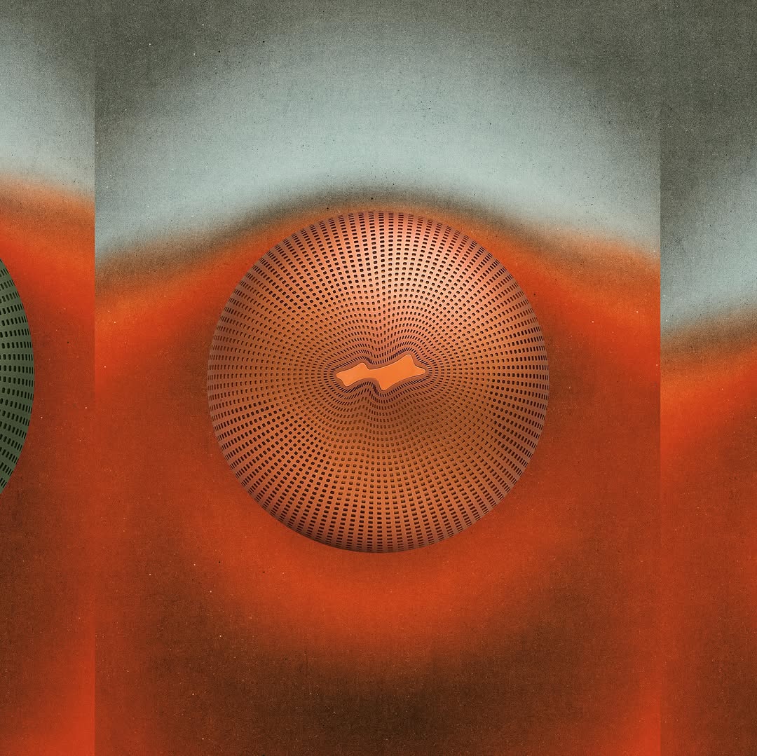 Top-down product image of a bronze circular speaker centered against a textured orange and gray gradient background.