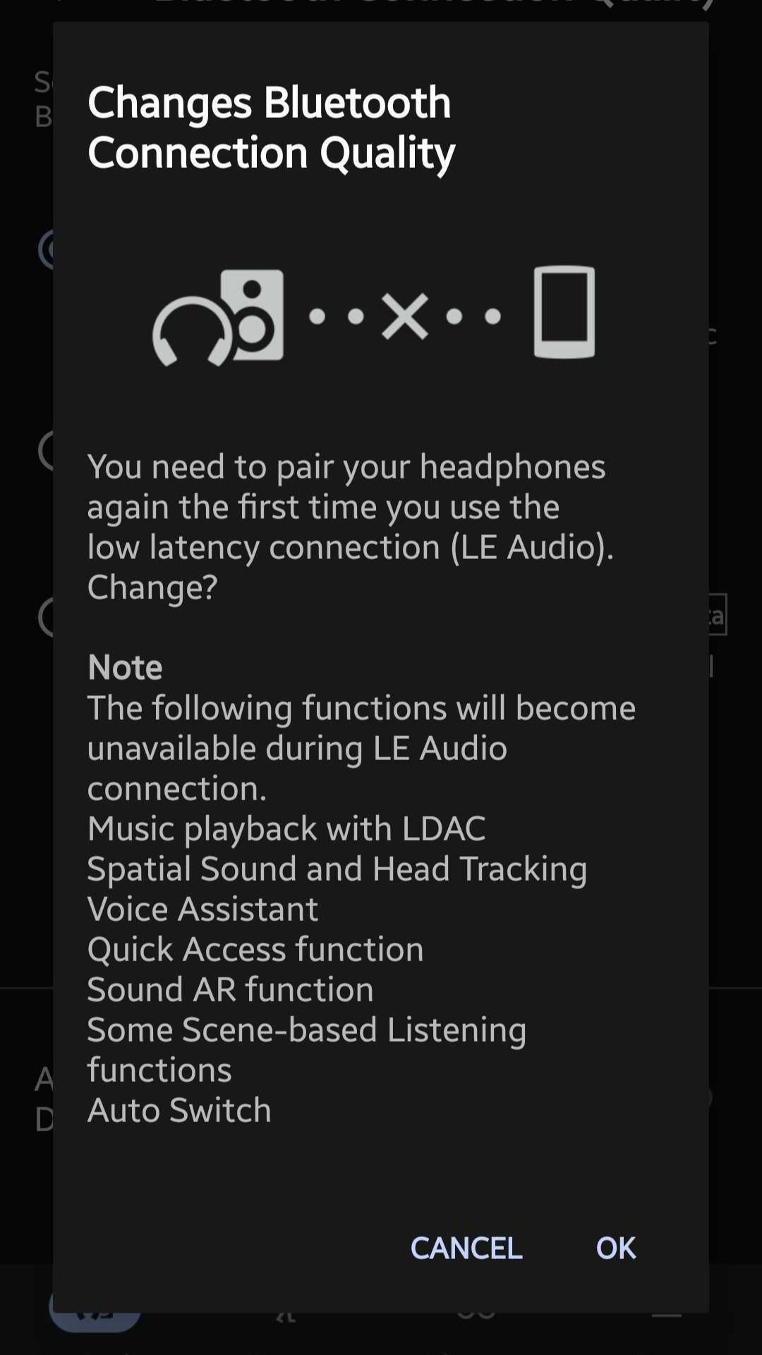 Bluetooth Connection Quality menu in the Sony Sound Connect app with Low Latency LE Audio selected for gaming.