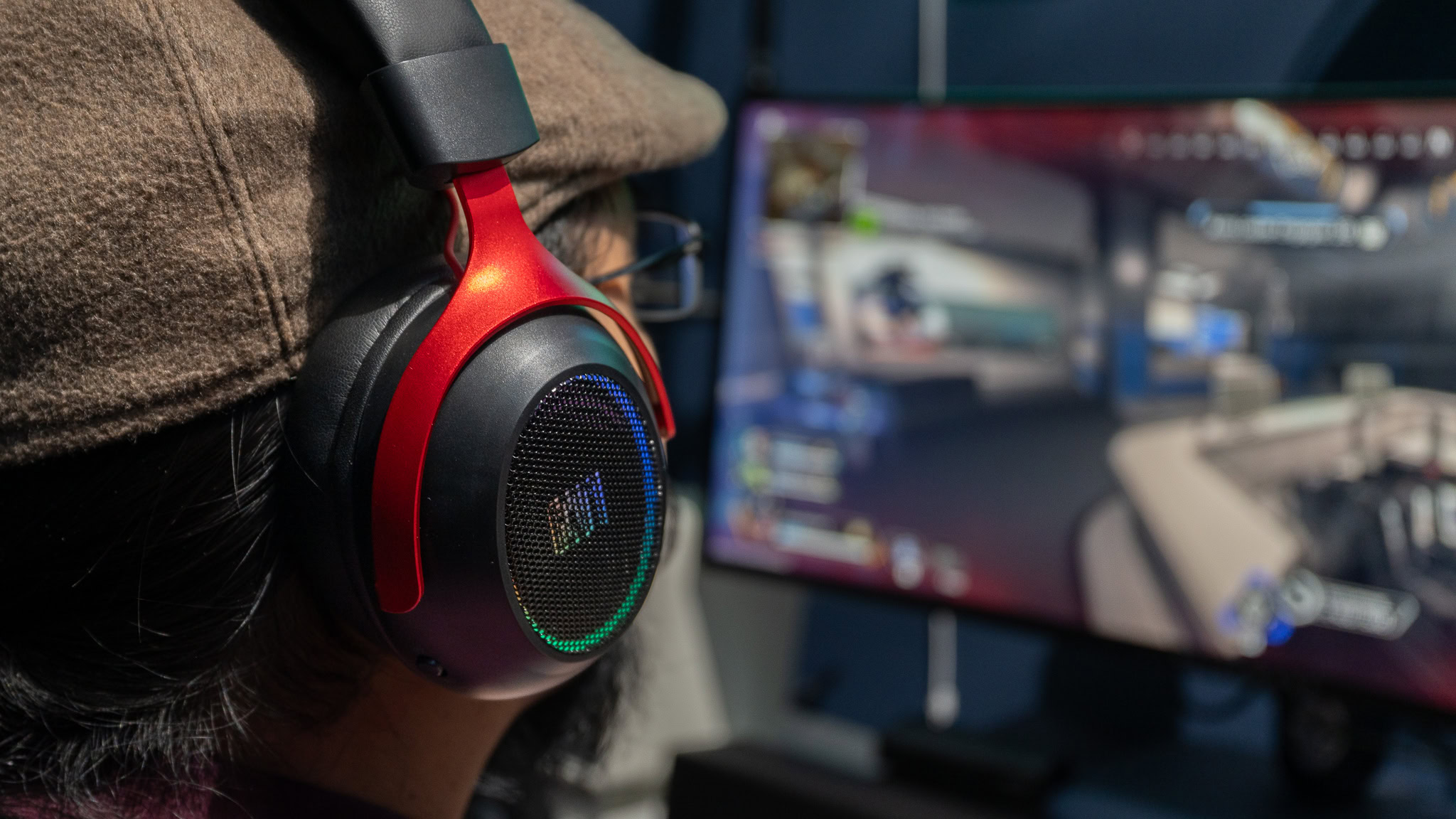 Epomaker GX1 worn while gaming close up RGB enabled Epomaker GX1 worn while gaming close up RGB enabled