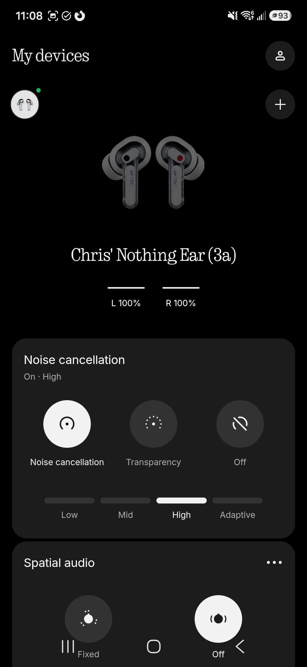 A screenshot of the Nothing Ear (3a)'s app home screen.