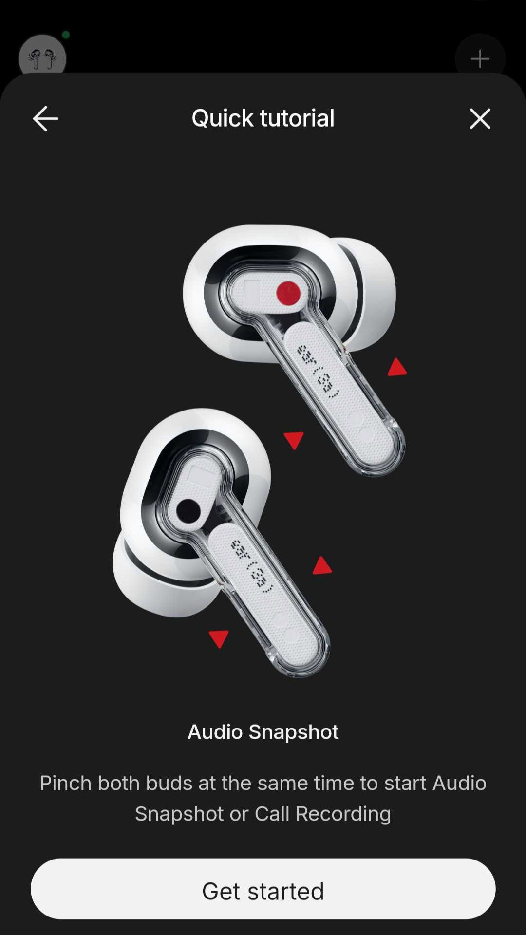 Nothing X app tutorial showing how to pinch both earbuds simultaneously to start Audio Snapshot or call recording.