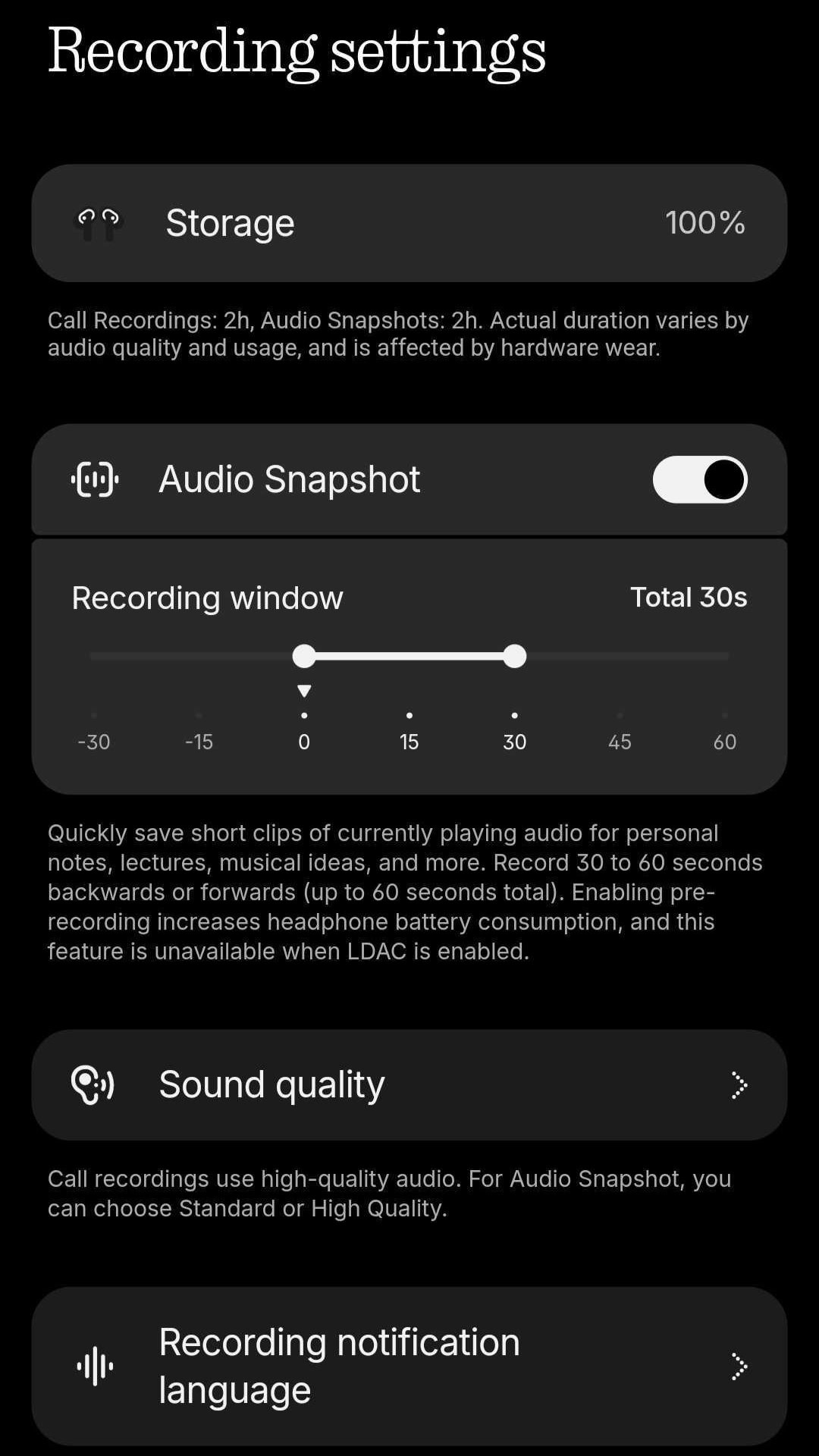 Nothing X app recording settings showing Audio Snapshot enabled with a 30-second recording window, sound quality options, and recording notification language.