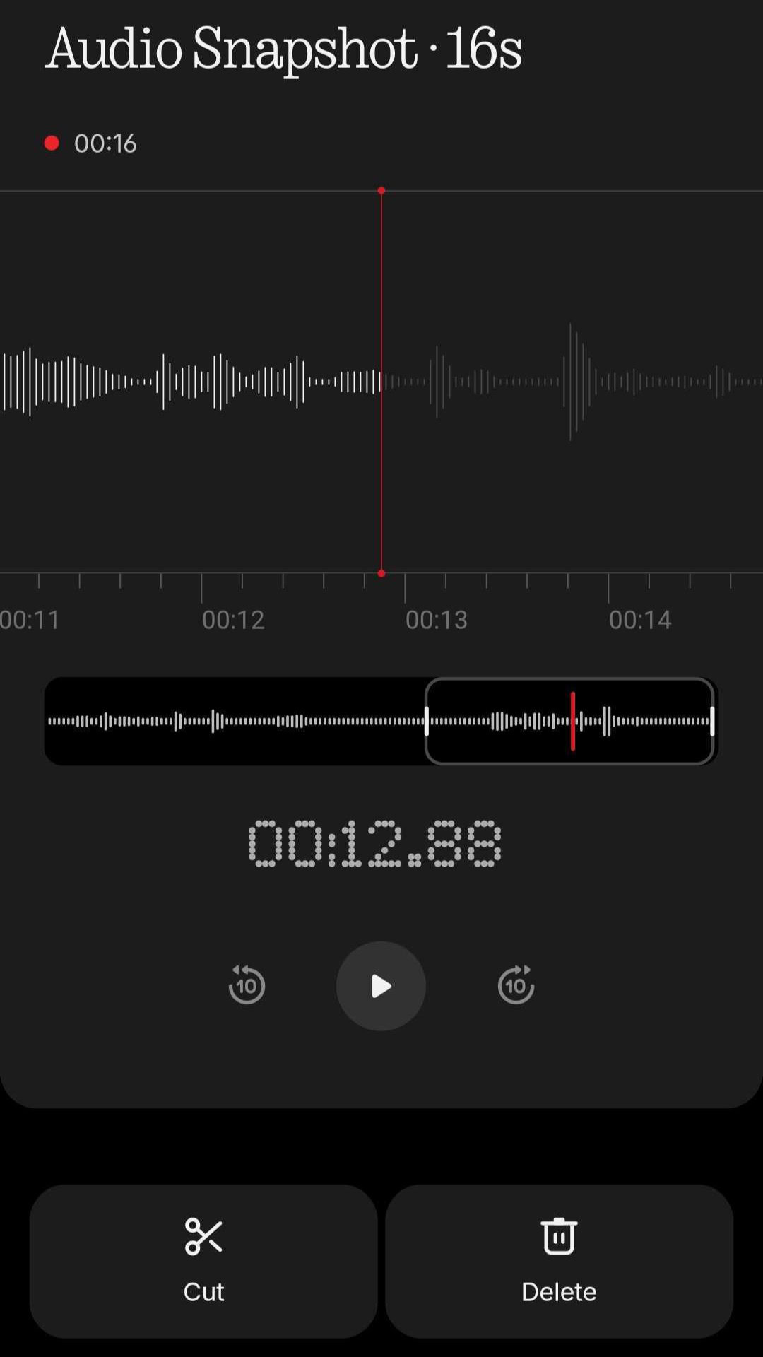 Audio Snapshot playback screen displaying the waveform and editing controls for a 16-second recording.