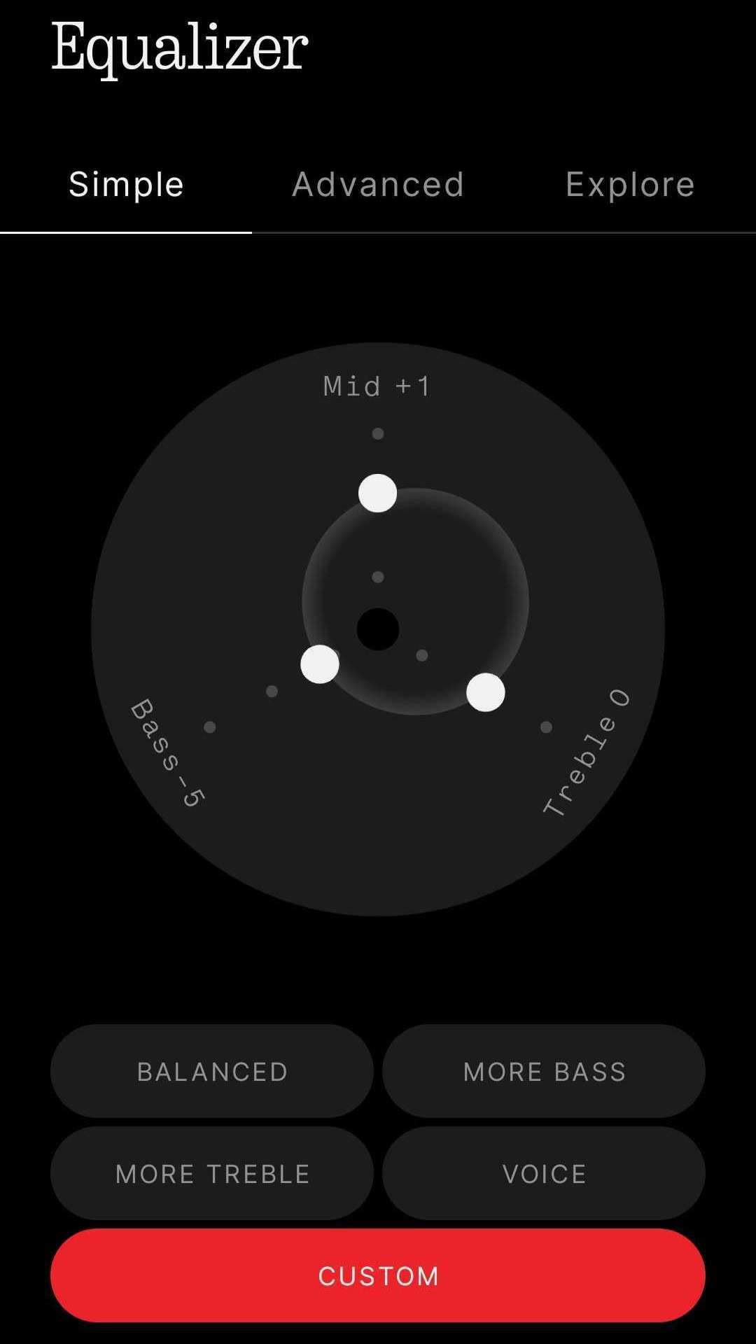 Screenshot of the Nothing X app's Simple Equalizer with a custom EQ selected. The circular control shows Bass set to -5, Mid to +1, and Treble to 0. Preset buttons for Balanced, More Bass, More Treble, and Voice appear below, with the Custom preset highlighted.