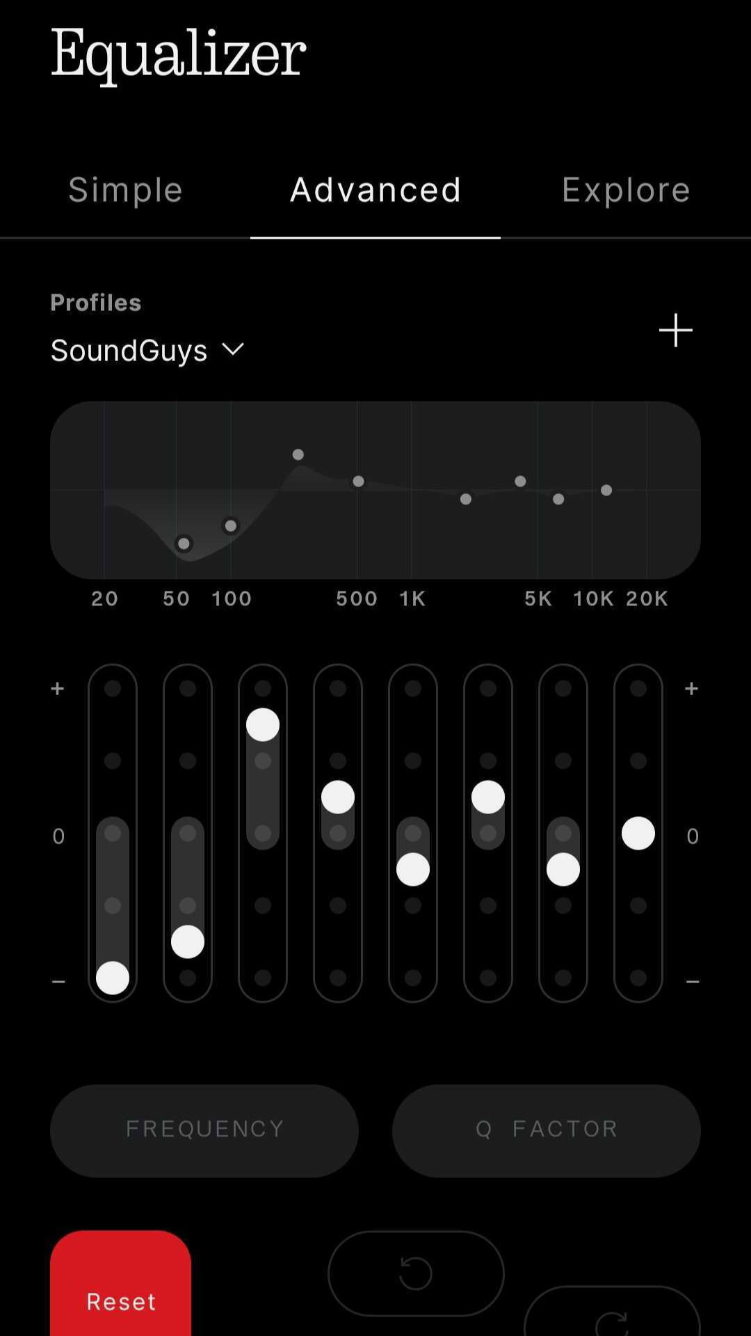 Screenshot of the Nothing X app's Advanced Equalizer showing a custom "SoundGuys" EQ profile. Eight adjustable frequency sliders form a V-shaped tuning with reduced bass, boosted low mids, slightly recessed mids, and subtle treble adjustments. The profile graph is displayed above the sliders.