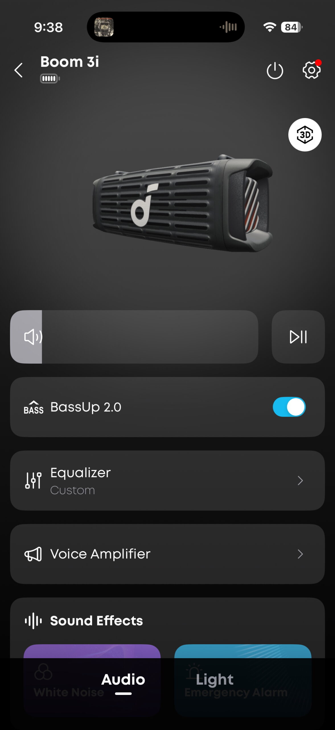 Screenshot of the Soundcore app while connected to a Boom 3i