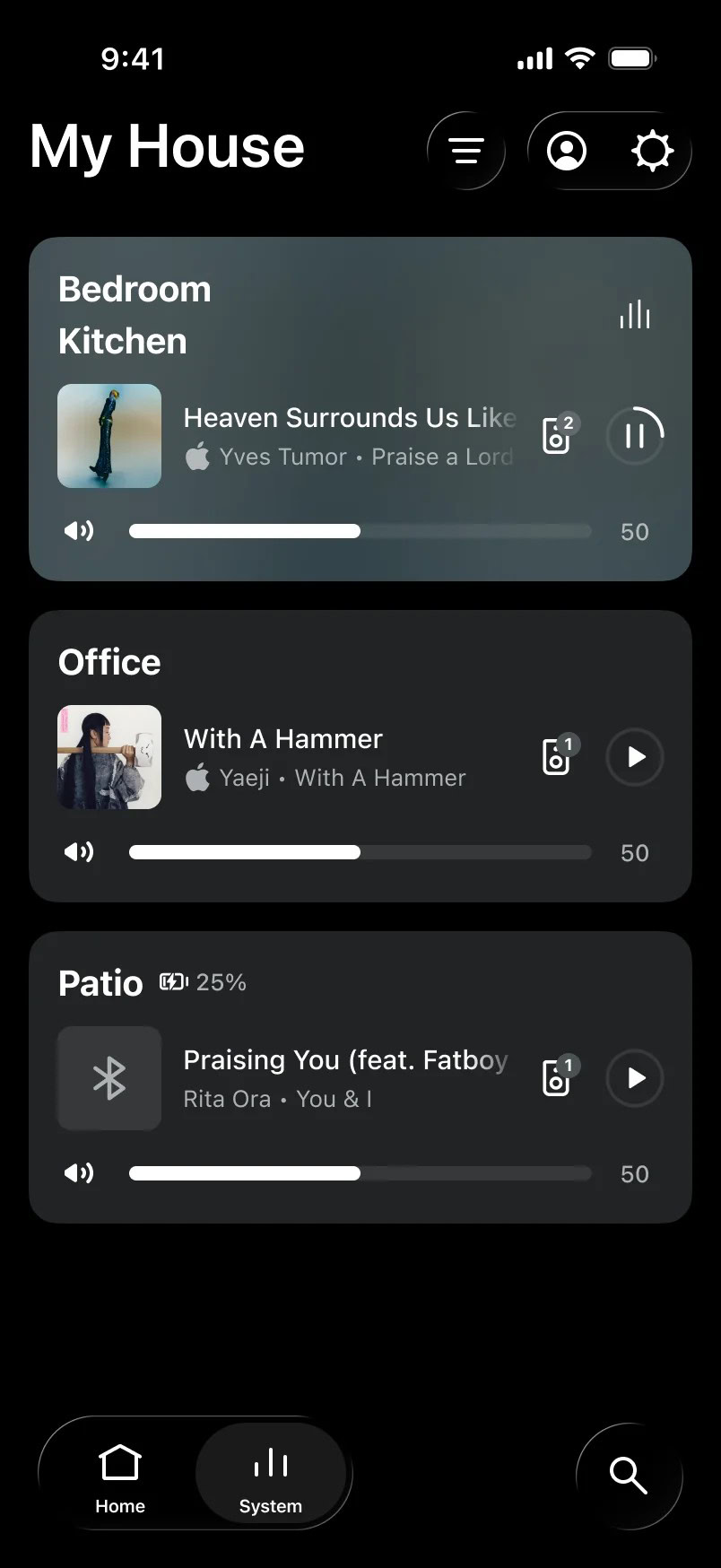 Sonos app System tab displaying three room cards for Bedroom/Kitchen, Office, and Patio, each with album art, current song, playback controls, and volume sliders. The Bedroom and Kitchen speakers are grouped and currently playing music.