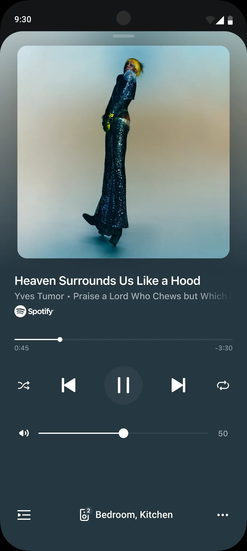 Full-screen Sonos Now Playing interface showing the song "Heaven Surrounds Us Like a Hood" with large album artwork, playback controls, progress bar, volume slider, Spotify source, and grouped Bedroom and Kitchen speakers.