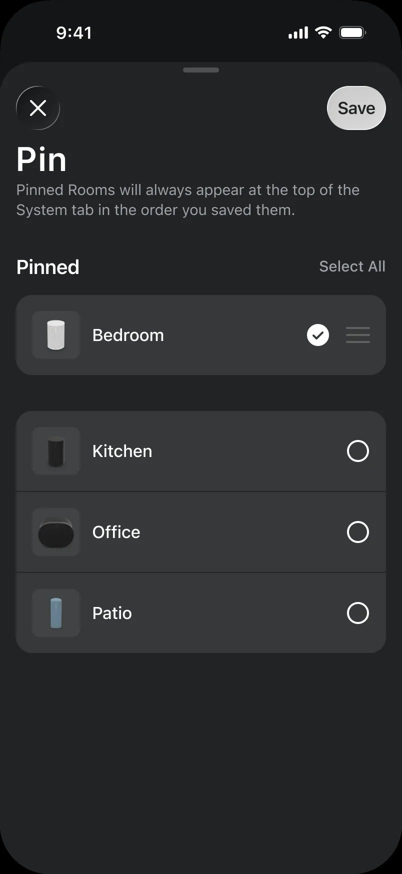 Sonos app Pin Rooms screen allowing users to choose and reorder pinned rooms. Bedroom is selected, while Kitchen, Office, and Patio remain unselected, with a Save button at the top.